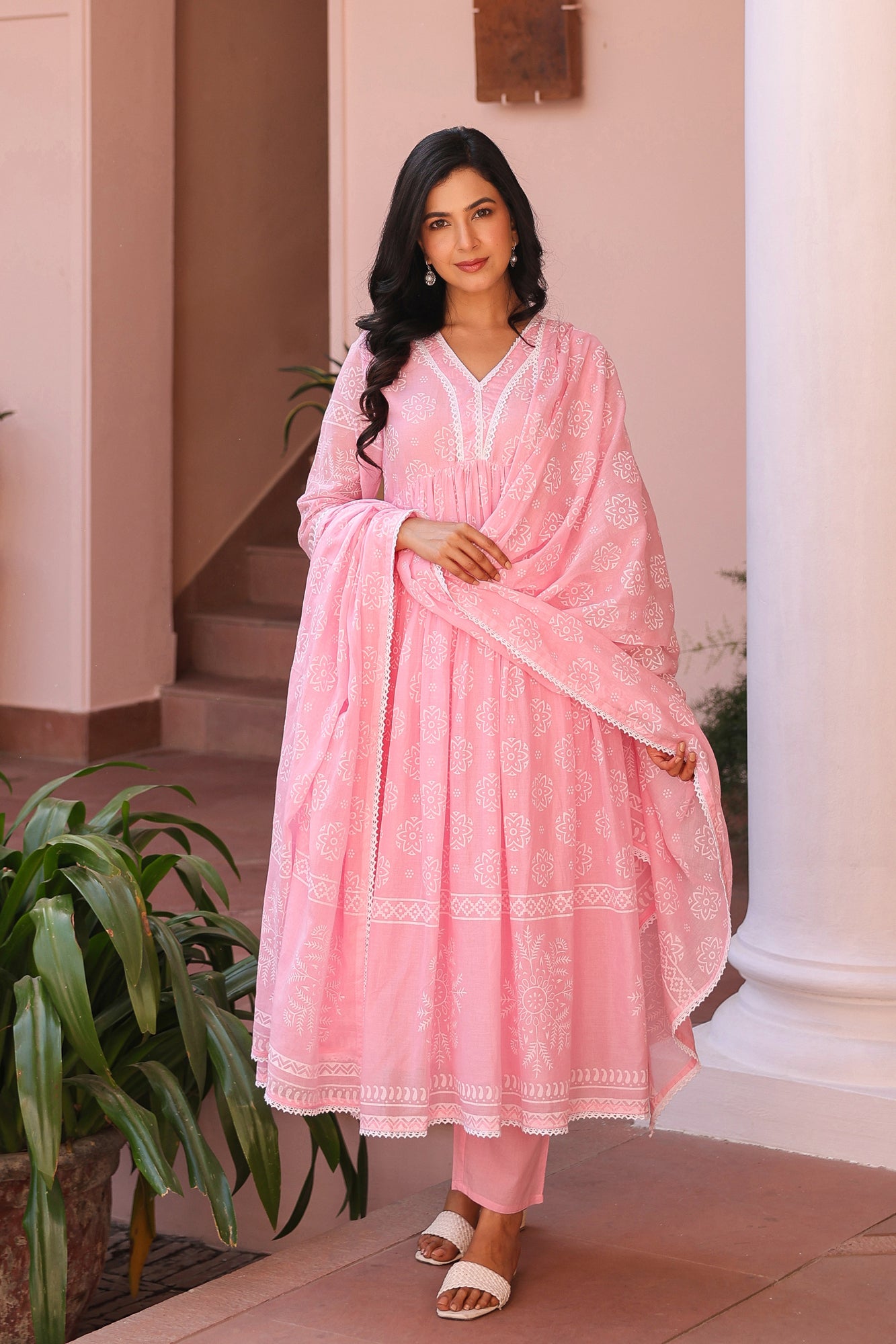 Pink Cotton Mulmul Khari Printed Gathered Anarkali Set