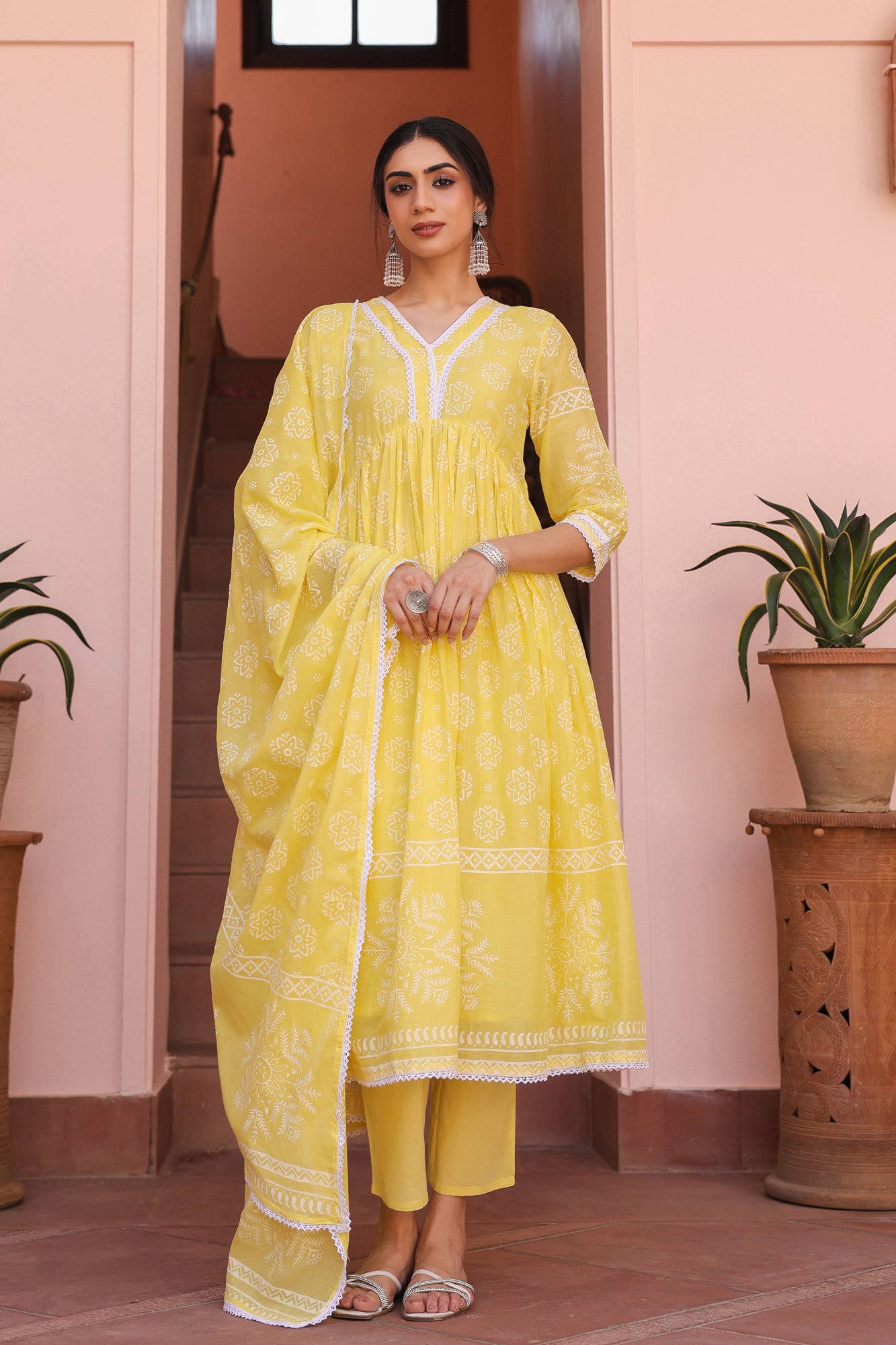 Yellow Cotton Mulmul Khari Printed Gathered Anarkali Set