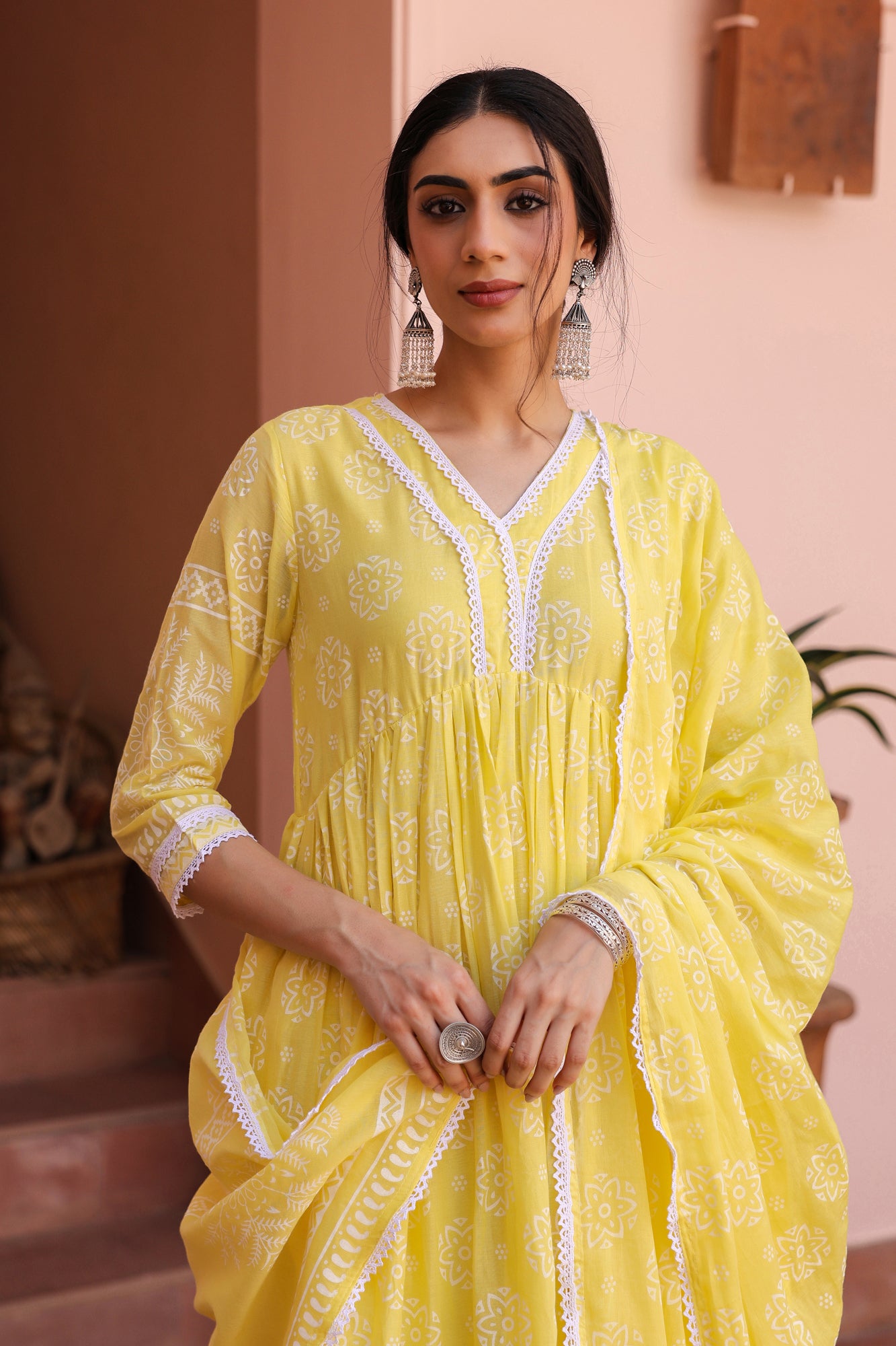 Yellow Cotton Mulmul Khari Printed Gathered Anarkali Set