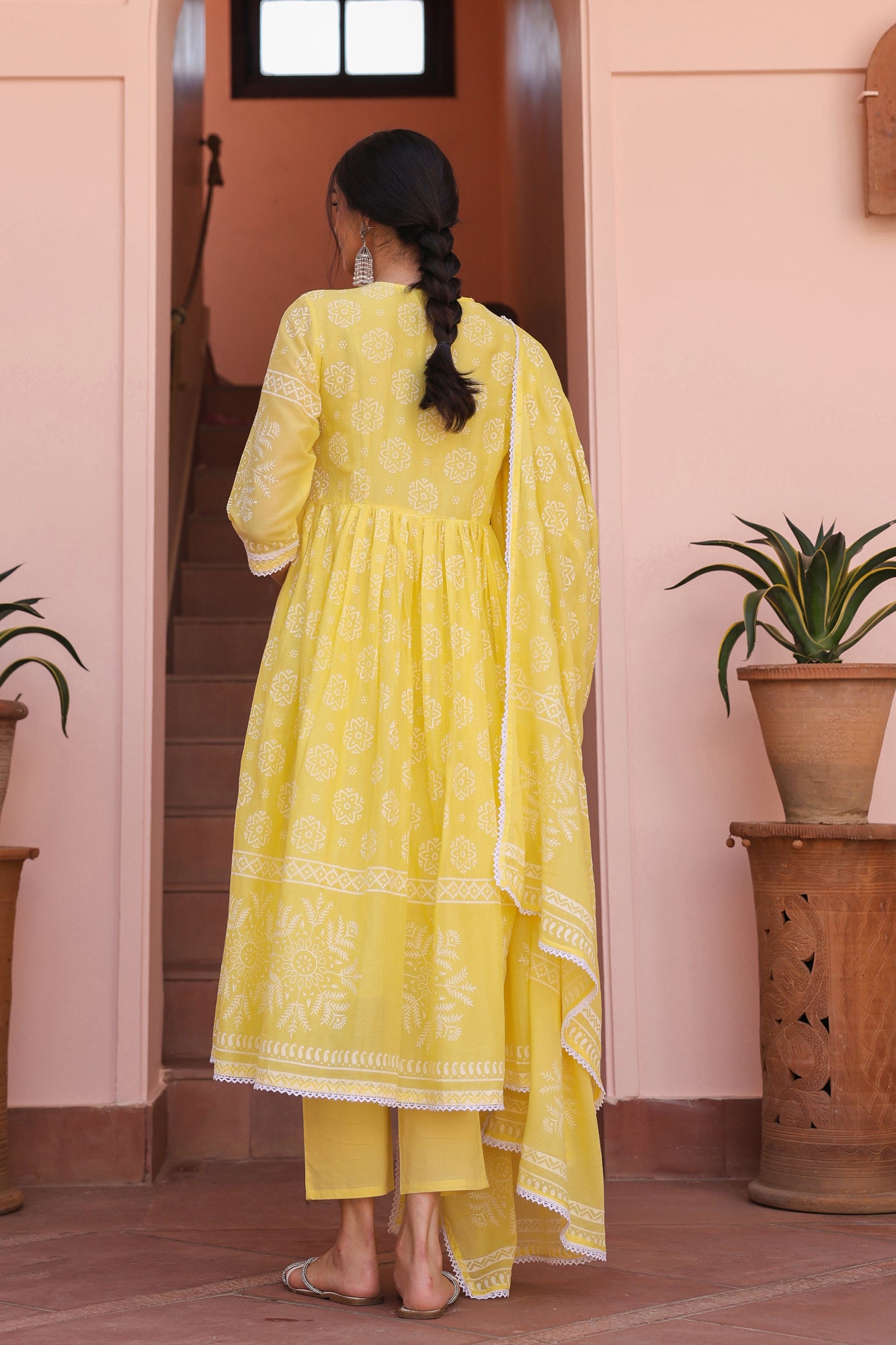 Yellow Cotton Mulmul Khari Printed Gathered Anarkali Set