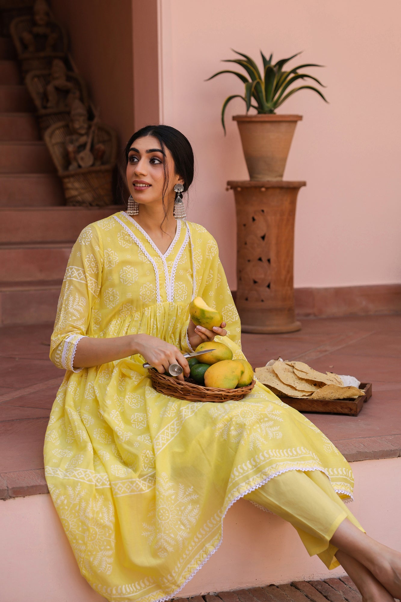 Yellow Cotton Mulmul Khari Printed Gathered Anarkali Set