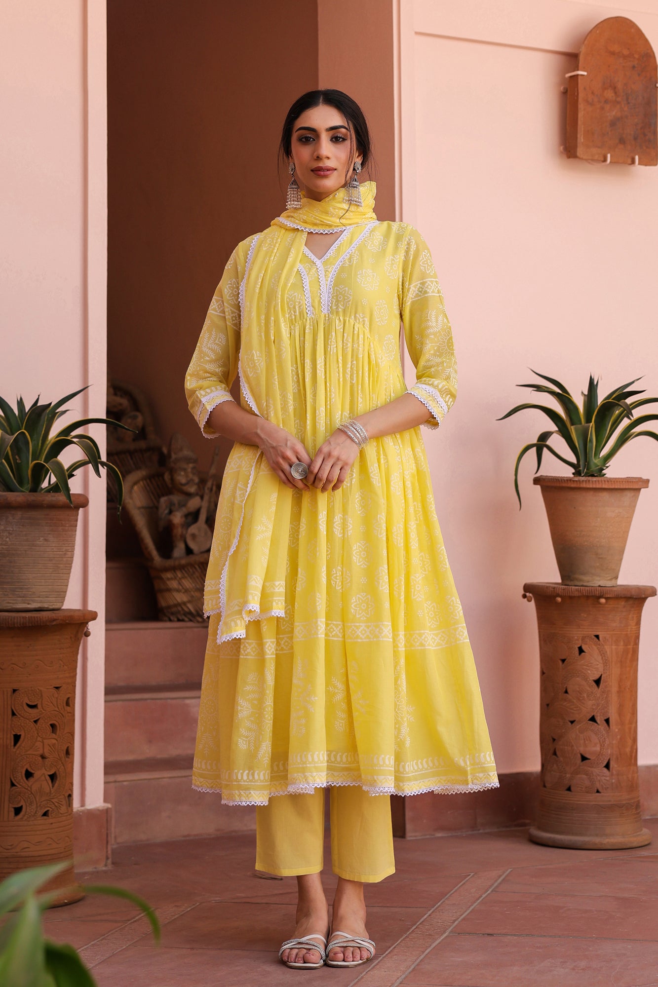 Yellow Cotton Mulmul Khari Printed Gathered Anarkali Set