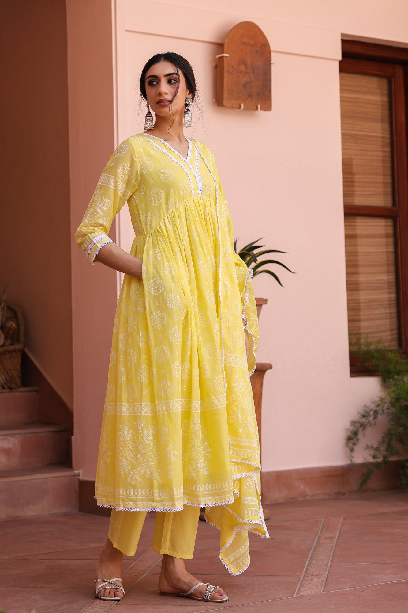 Yellow Cotton Mulmul Khari Printed Gathered Anarkali Set