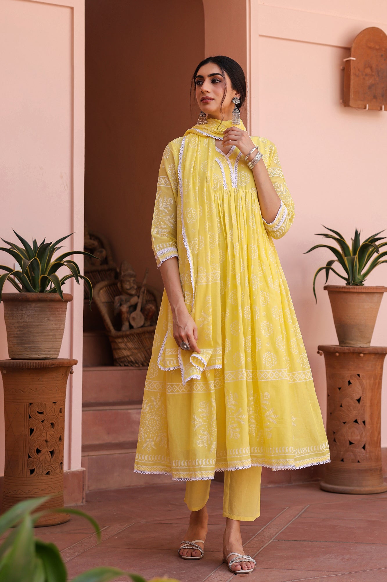 Yellow Cotton Mulmul Khari Printed Gathered Anarkali Set