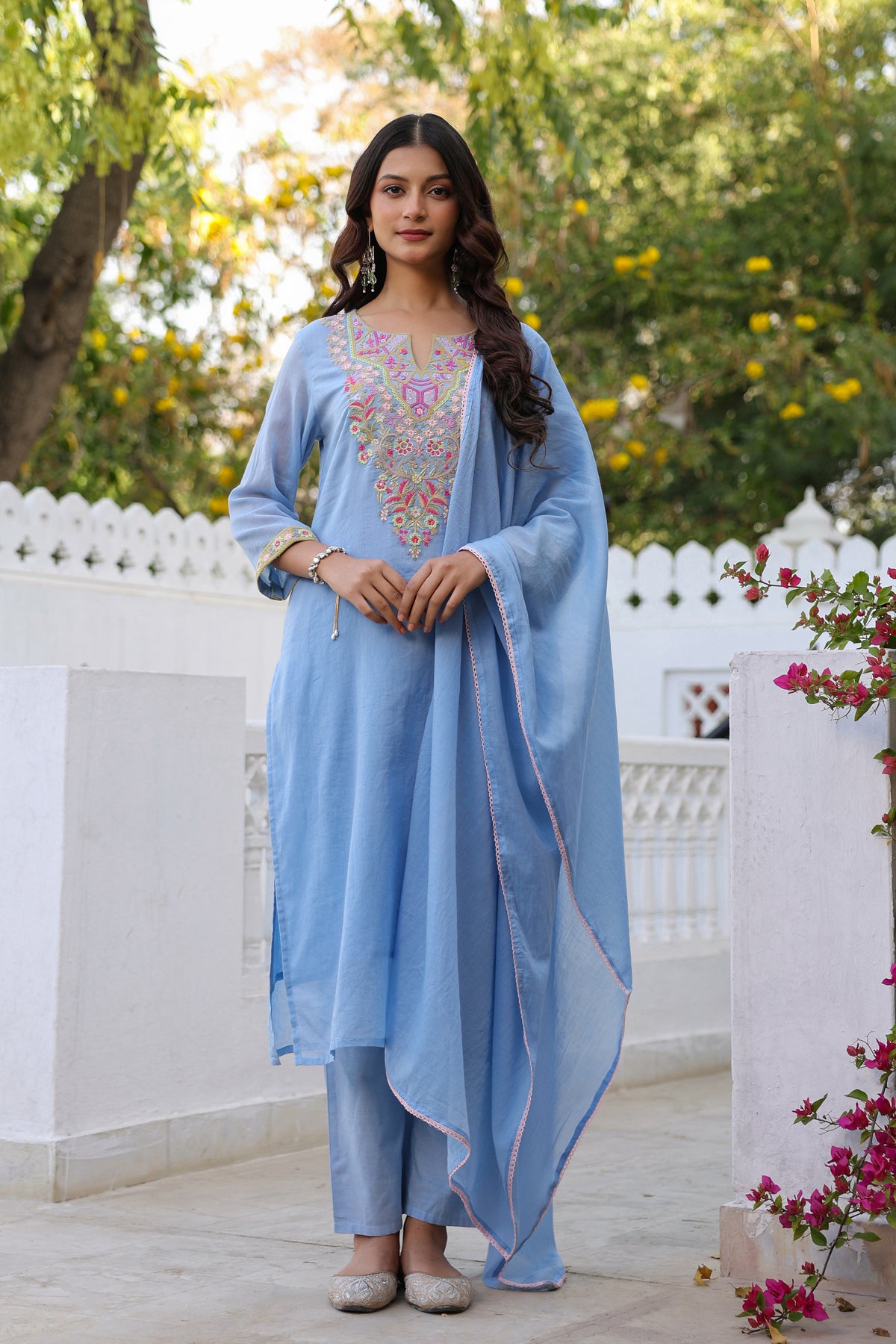 Blue Cotton Cambric Yoke Embroidered Straight Suit Set