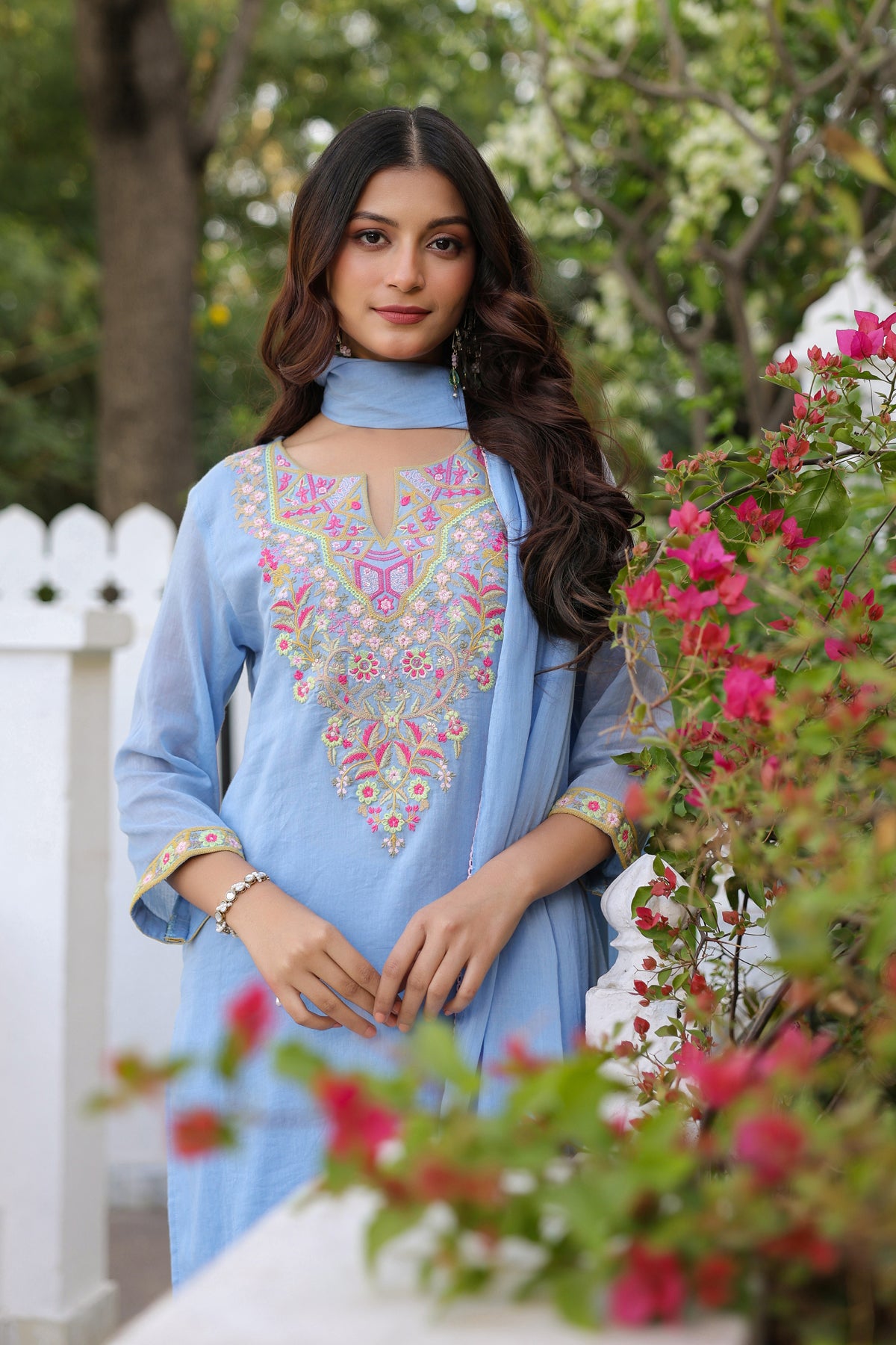 Blue Cotton Cambric Yoke Embroidered Straight Suit Set