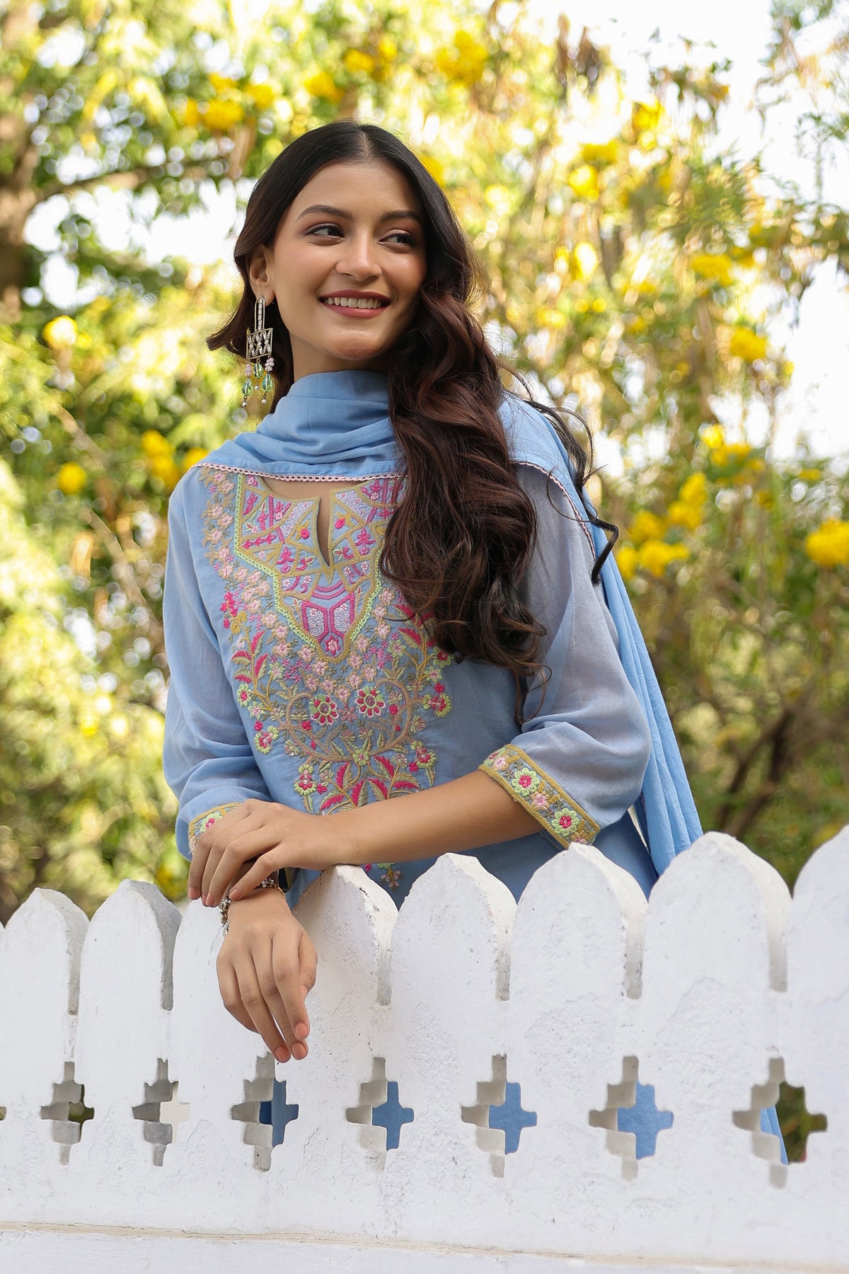 Blue Cotton Cambric Yoke Embroidered Straight Suit Set