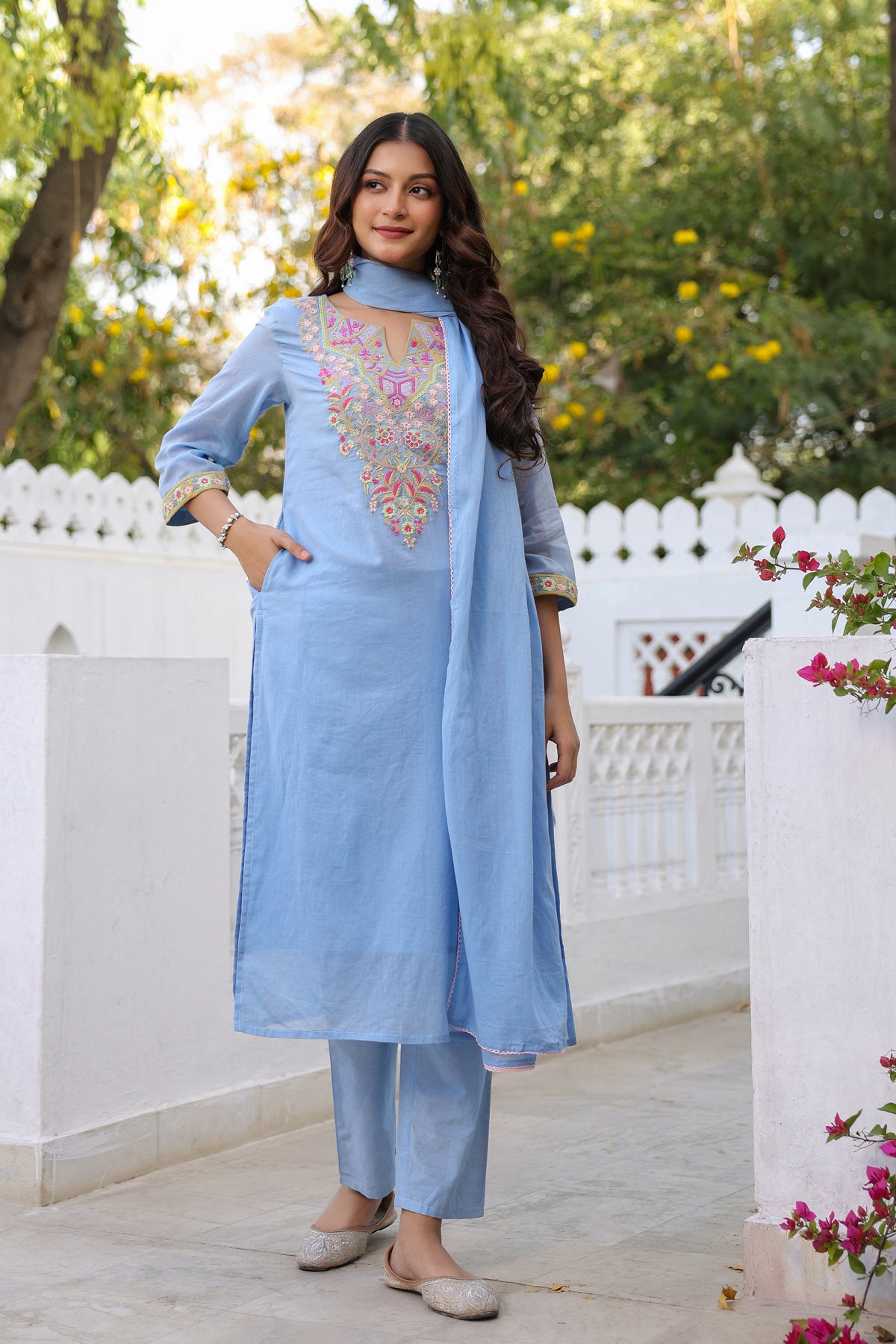 Blue Cotton Cambric Yoke Embroidered Straight Suit Set