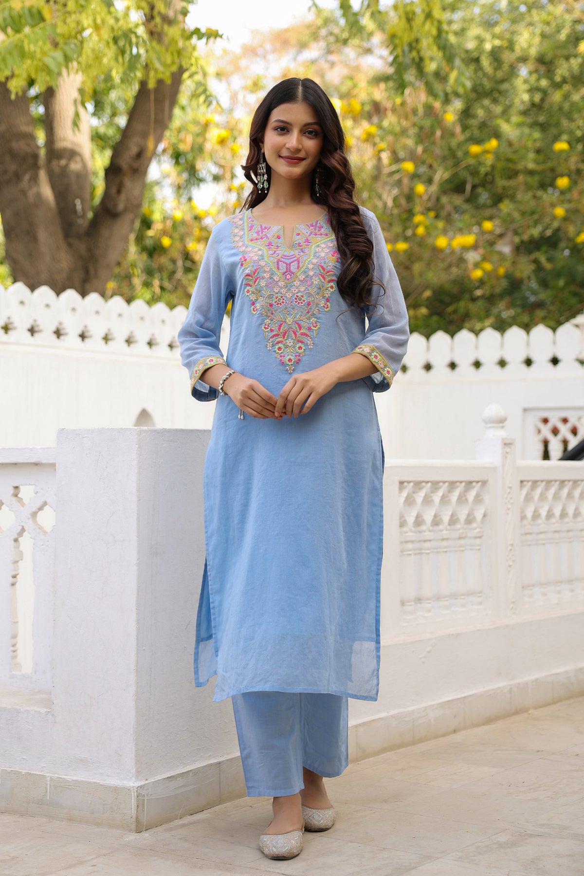 Blue Cotton Cambric Yoke Embroidered Straight Suit Set