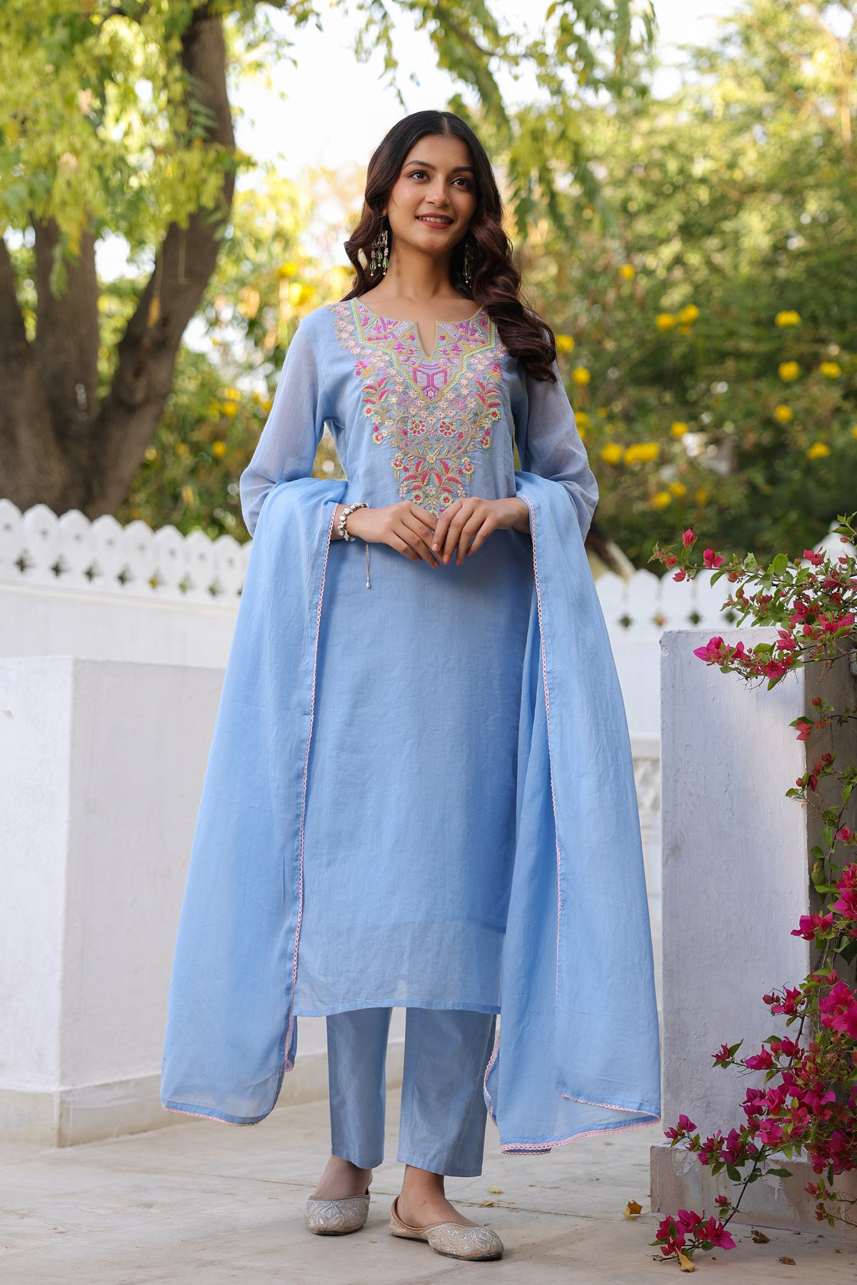 Blue Cotton Cambric Yoke Embroidered Straight Suit Set