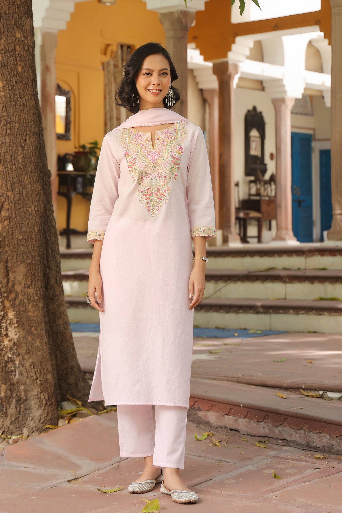 Pink Cotton Cambric Yoke Embroidered Straight Suit Set