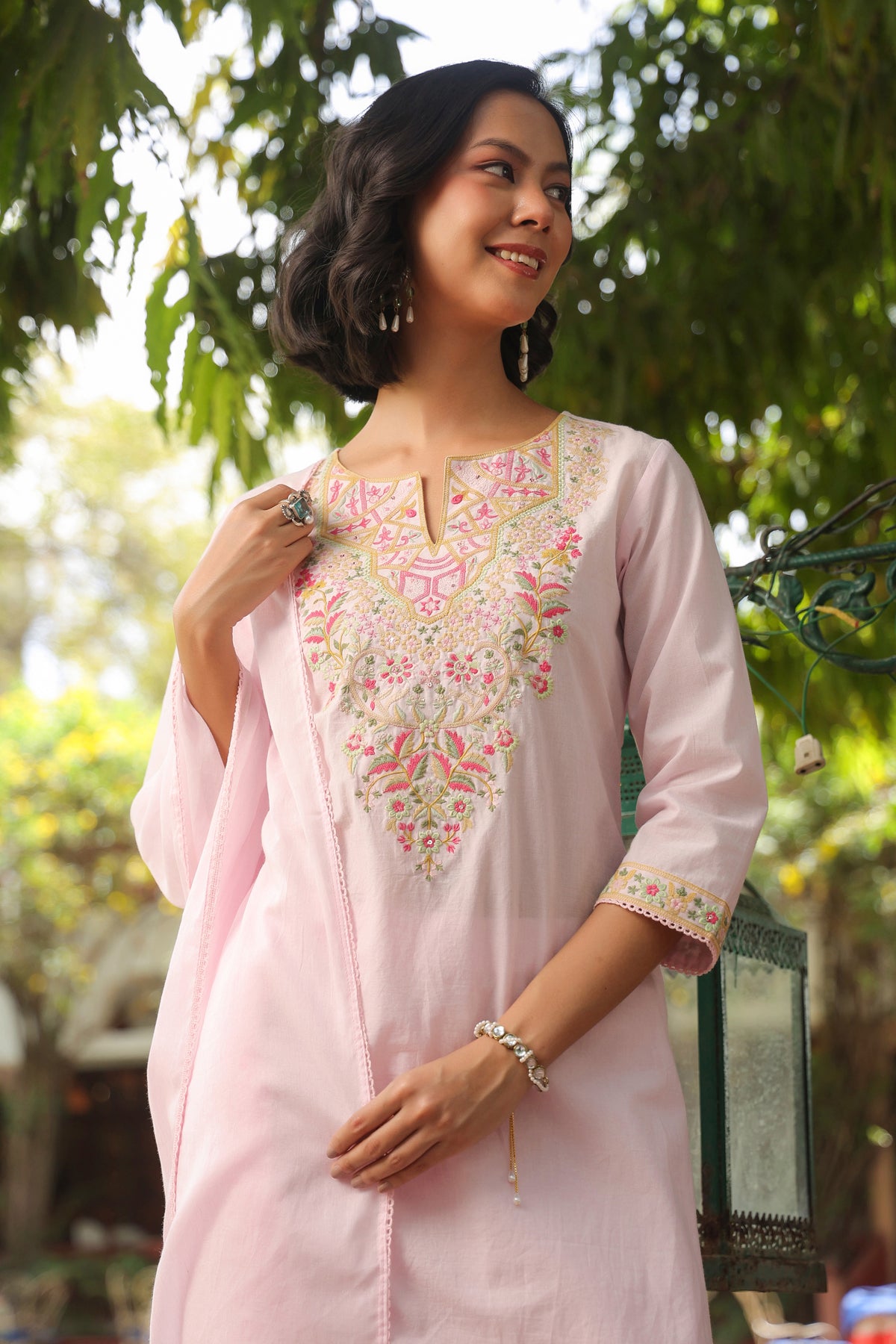 Pink Cotton Cambric Yoke Embroidered Straight Suit Set
