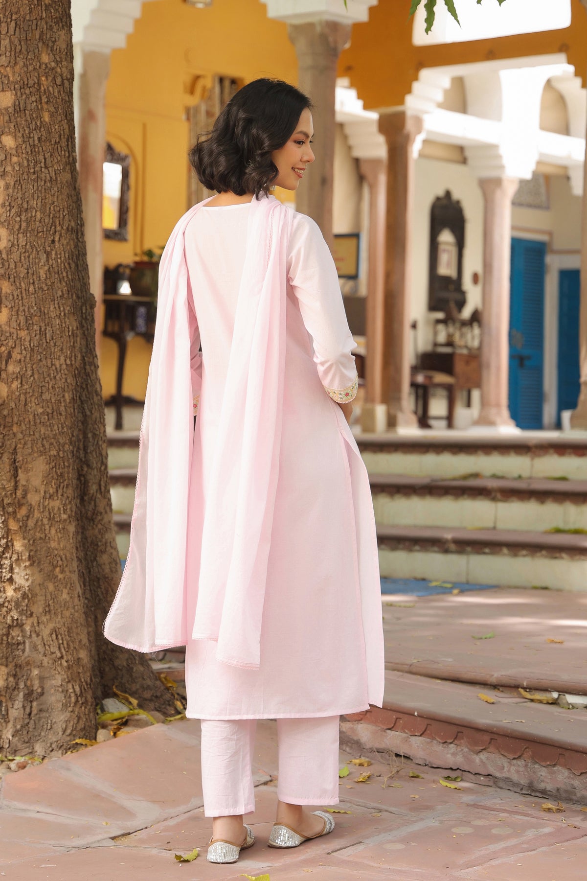 Pink Cotton Cambric Yoke Embroidered Straight Suit Set