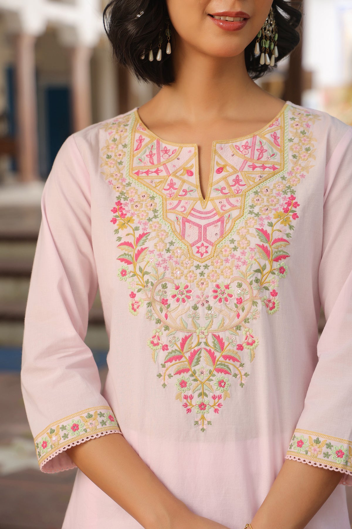 Pink Cotton Cambric Yoke Embroidered Straight Suit Set