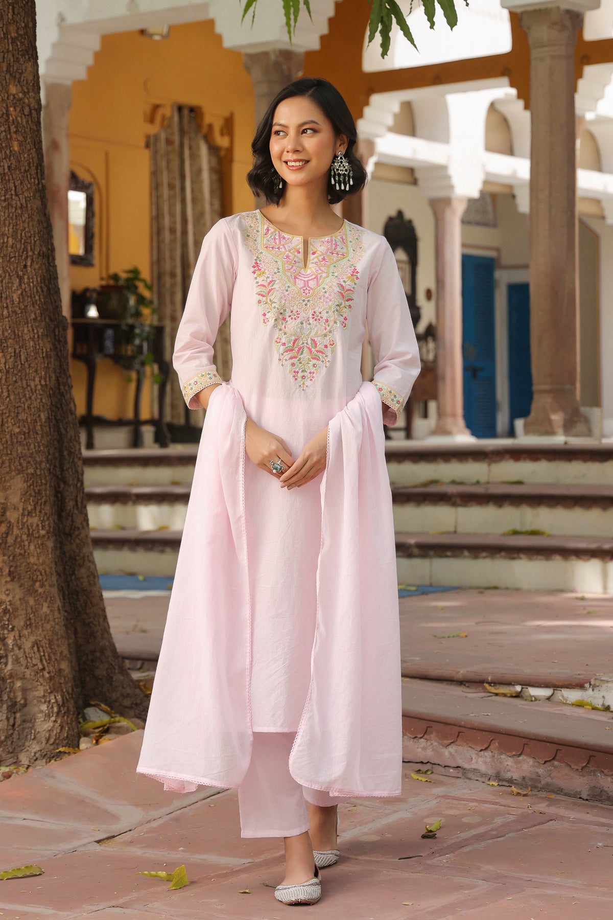 Pink Cotton Cambric Yoke Embroidered Straight Suit Set