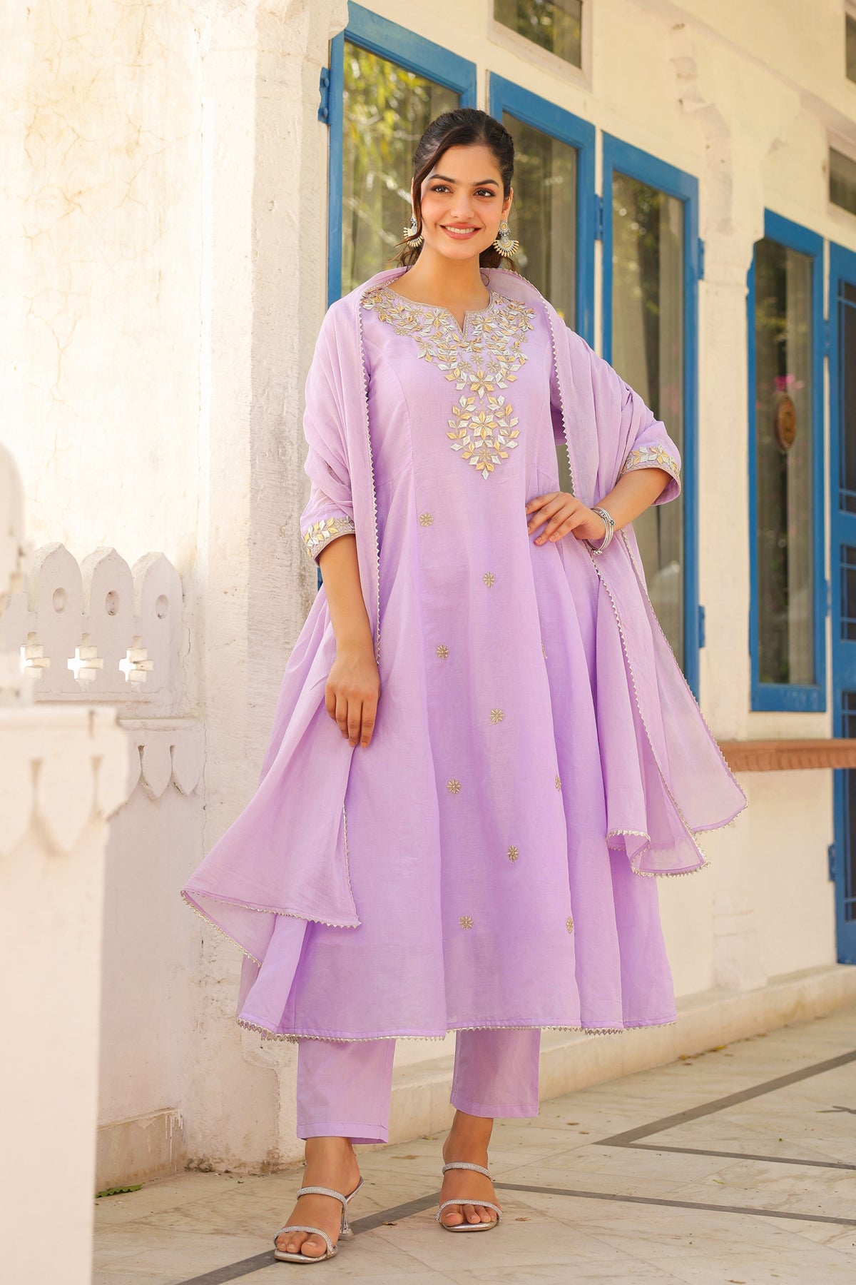 Lavender Mulmul Gota Patti & Zari Embroidered Anarkali Set