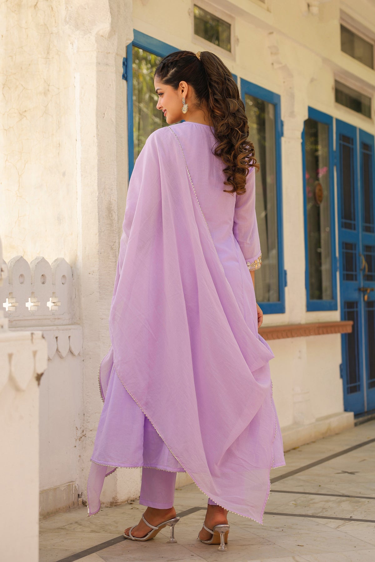 Lavender Mulmul Gota Patti & Zari Embroidered Anarkali Set