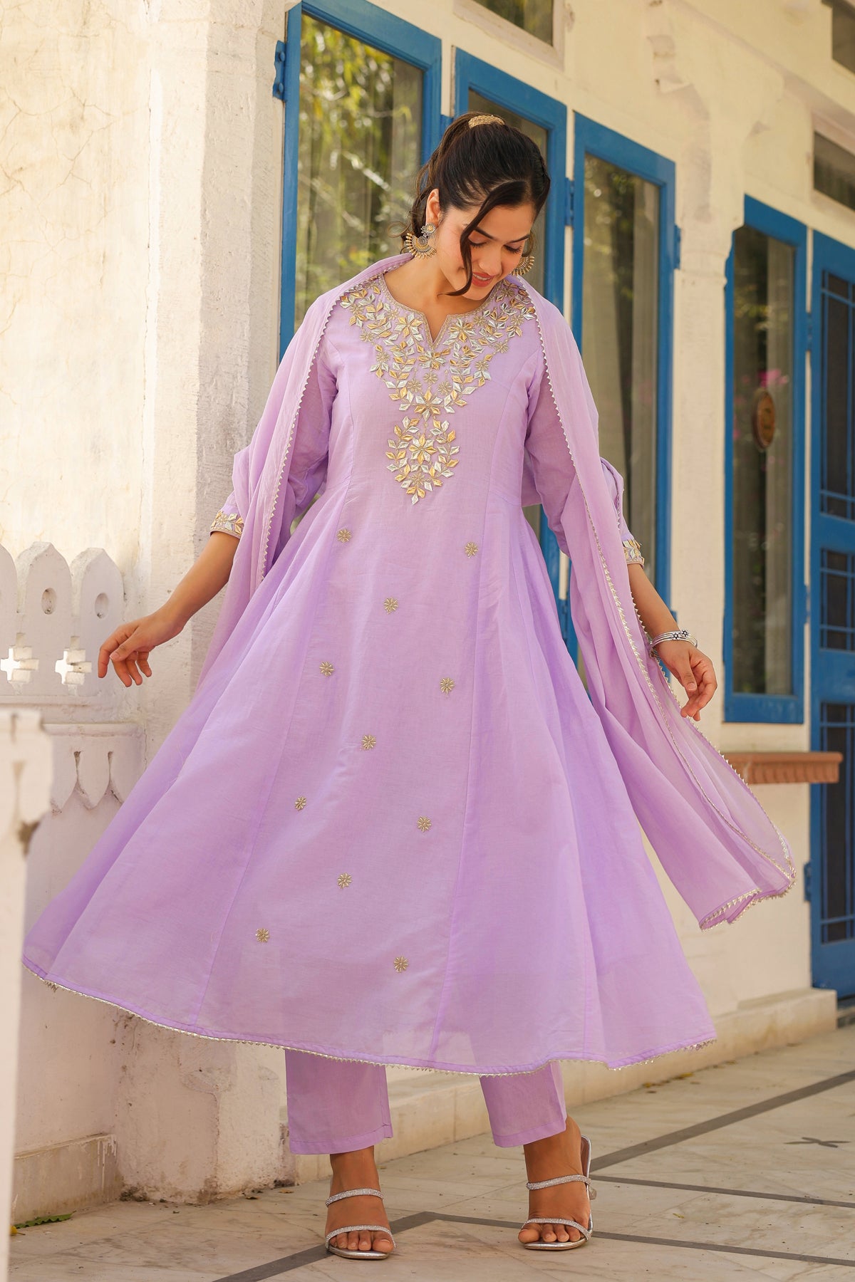 Lavender Mulmul Gota Patti & Zari Embroidered Anarkali Set