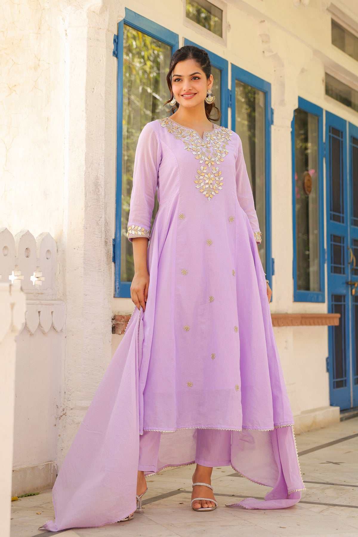 Lavender Mulmul Gota Patti & Zari Embroidered Anarkali Set