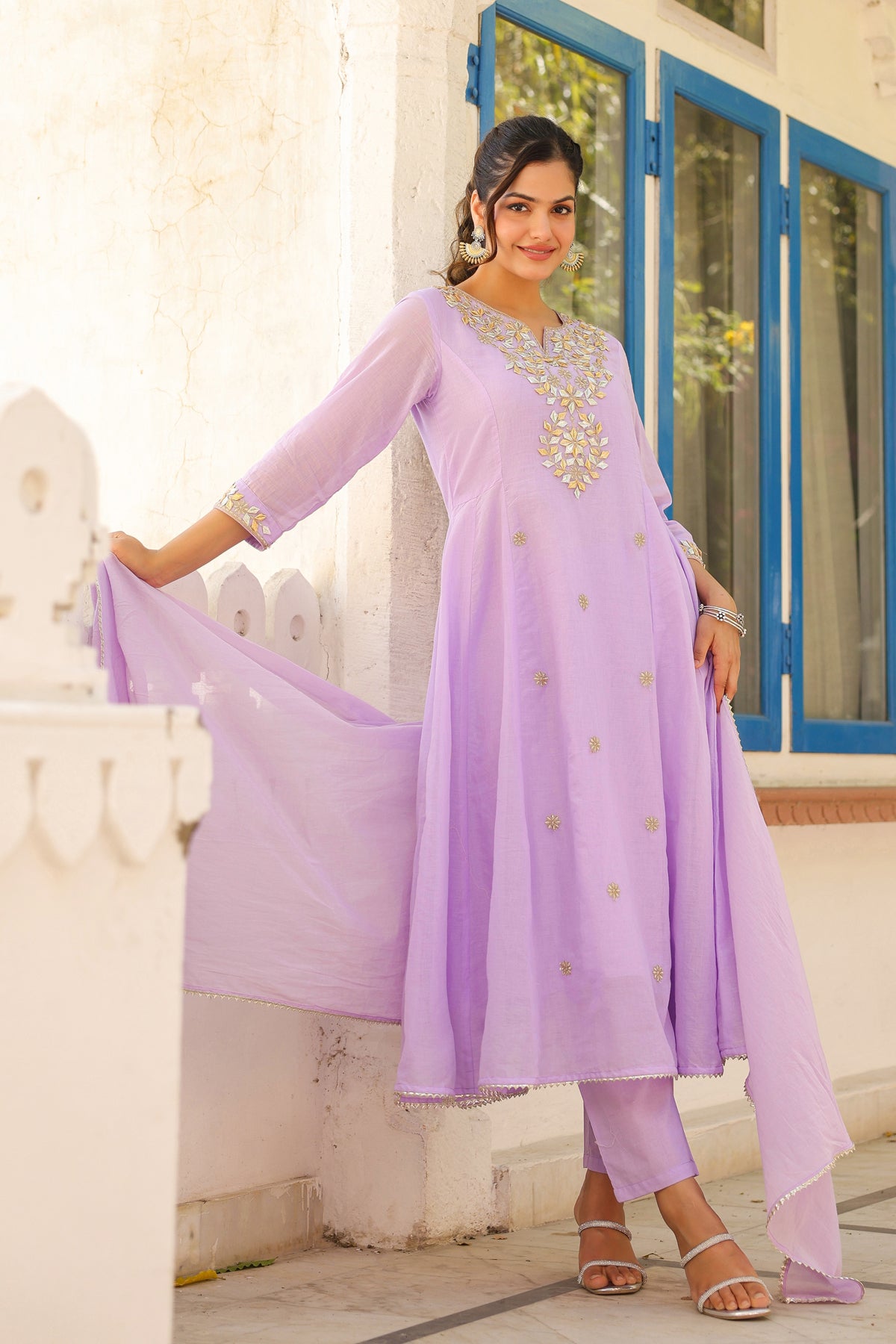 Lavender Mulmul Gota Patti & Zari Embroidered Anarkali Set