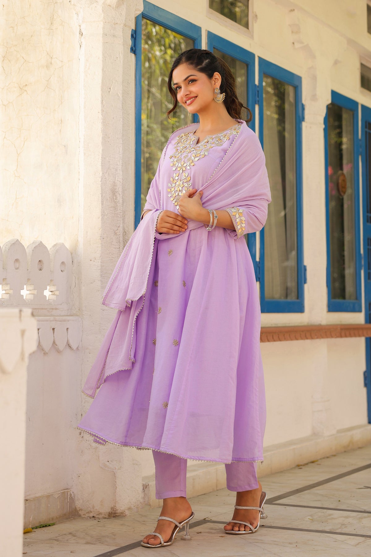 Lavender Mulmul Gota Patti & Zari Embroidered Anarkali Set