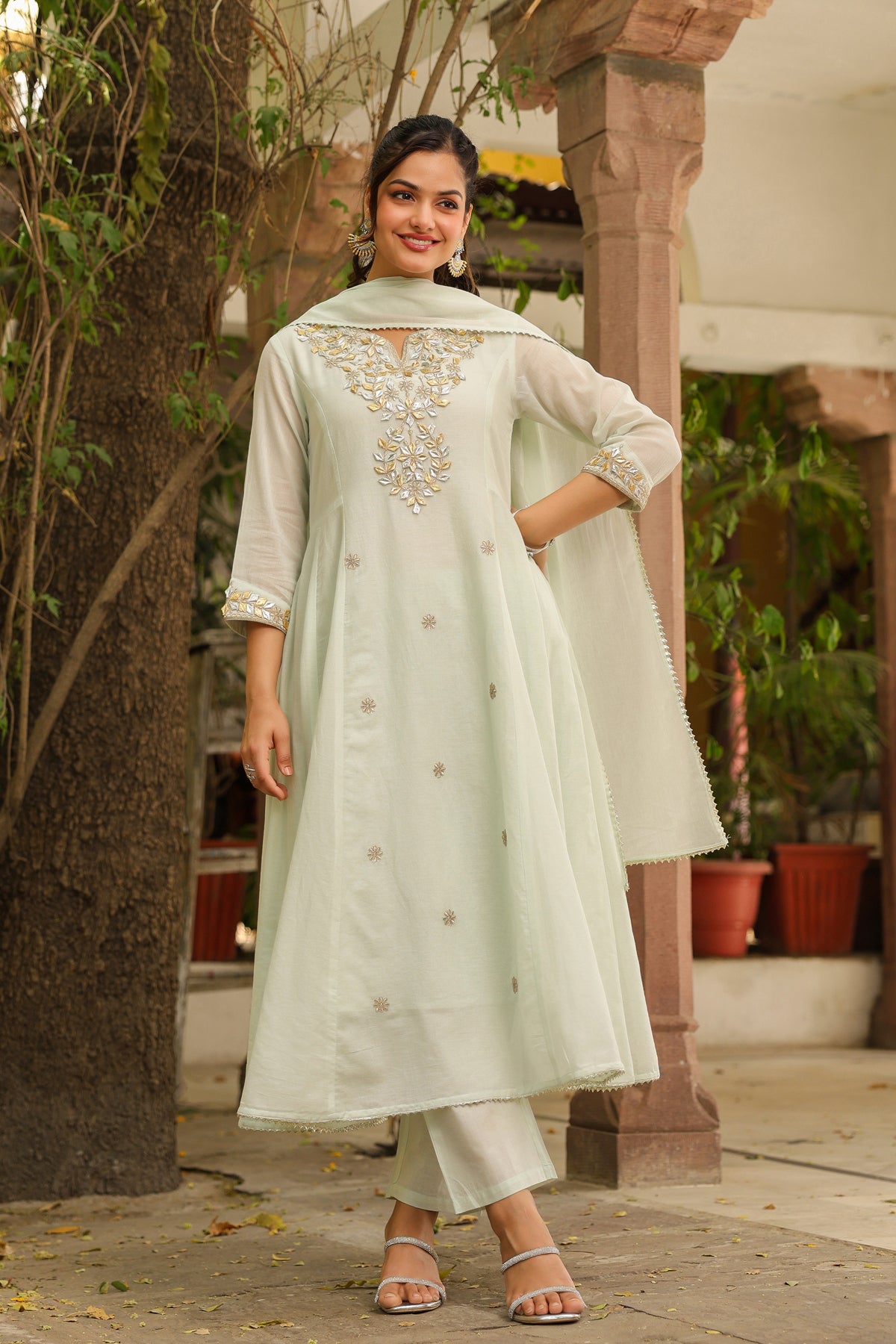 Pistagreen Mulmul Gota Patti & Zari Embroidered Anarkali Set