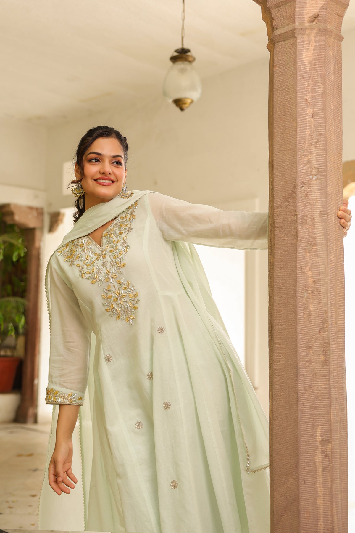 Pistagreen Mulmul Gota Patti & Zari Embroidered Anarkali Set