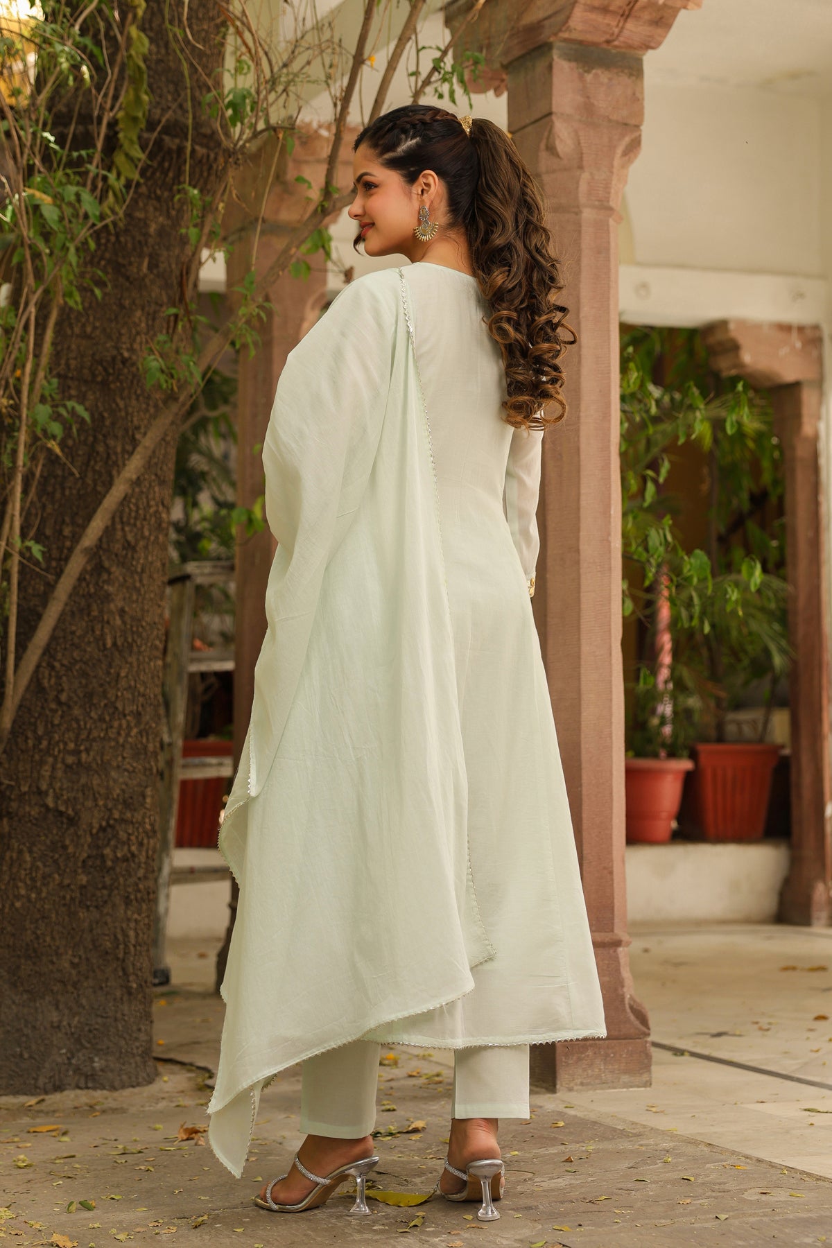 Pistagreen Mulmul Gota Patti & Zari Embroidered Anarkali Set