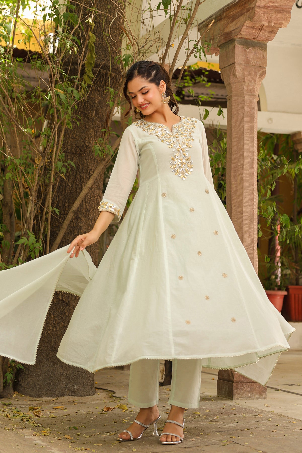Pistagreen Mulmul Gota Patti & Zari Embroidered Anarkali Set