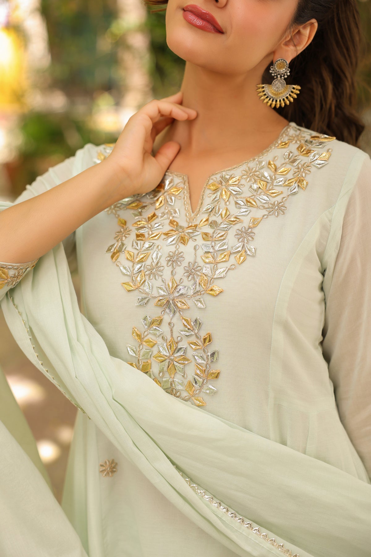 Pistagreen Mulmul Gota Patti & Zari Embroidered Anarkali Set