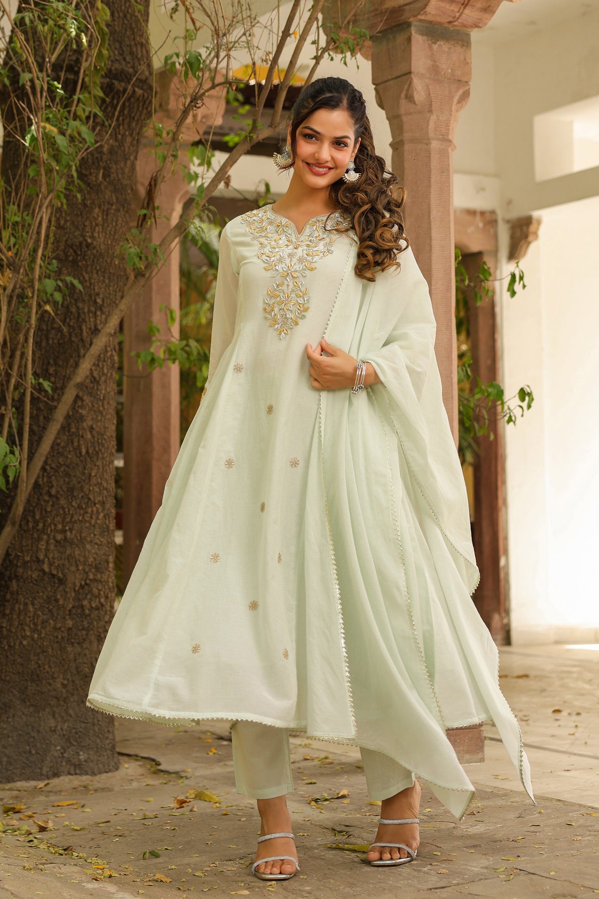 Pistagreen Mulmul Gota Patti & Zari Embroidered Anarkali Set
