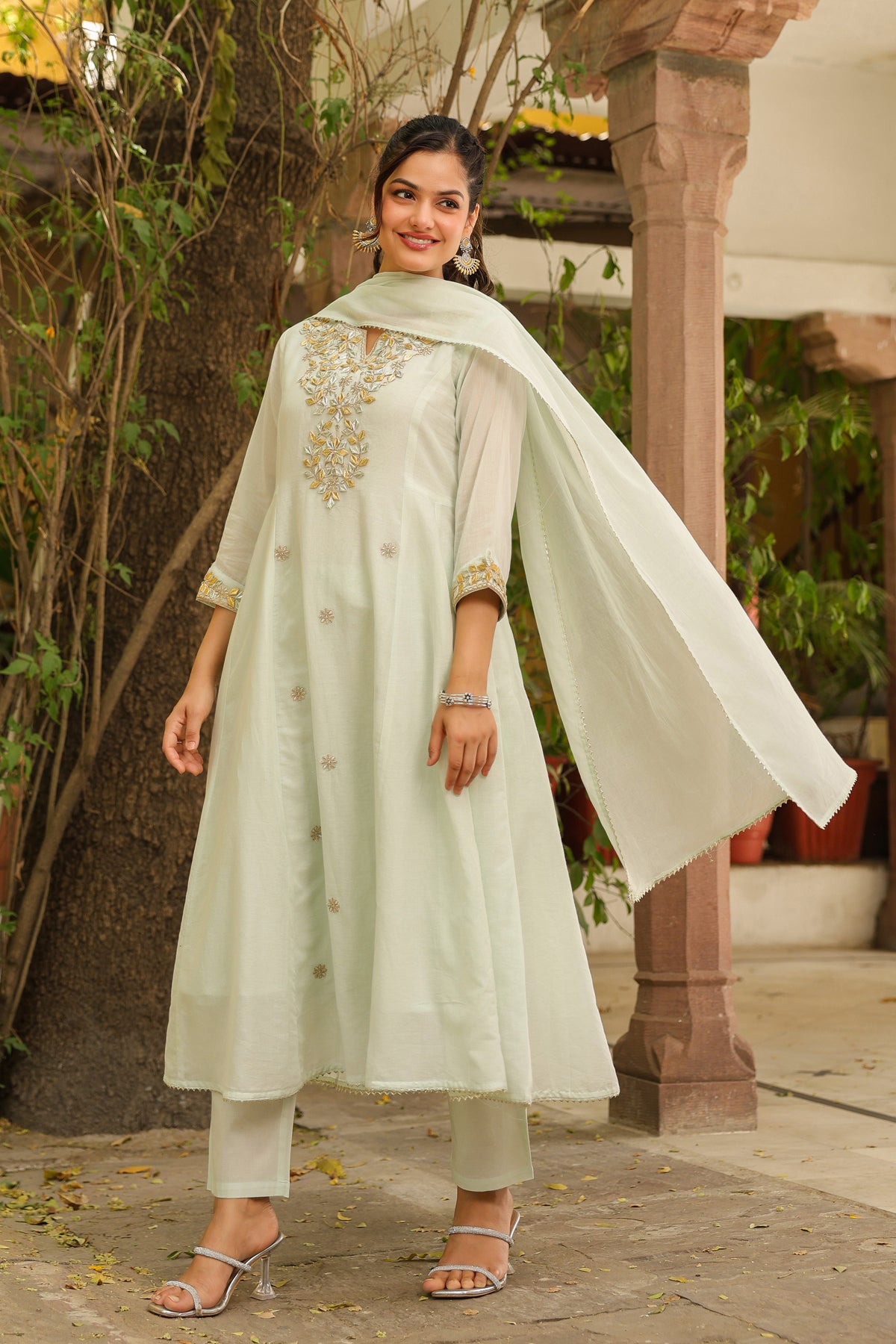 Pistagreen Mulmul Gota Patti & Zari Embroidered Anarkali Set