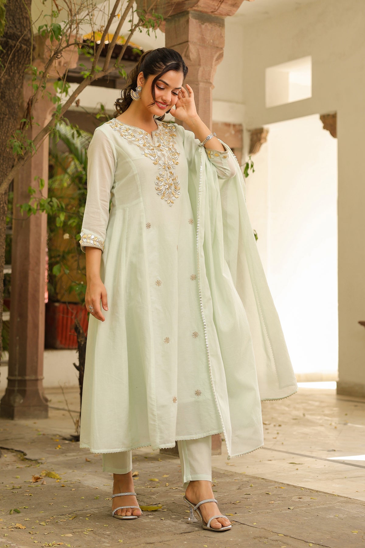 Pistagreen Mulmul Gota Patti & Zari Embroidered Anarkali Set
