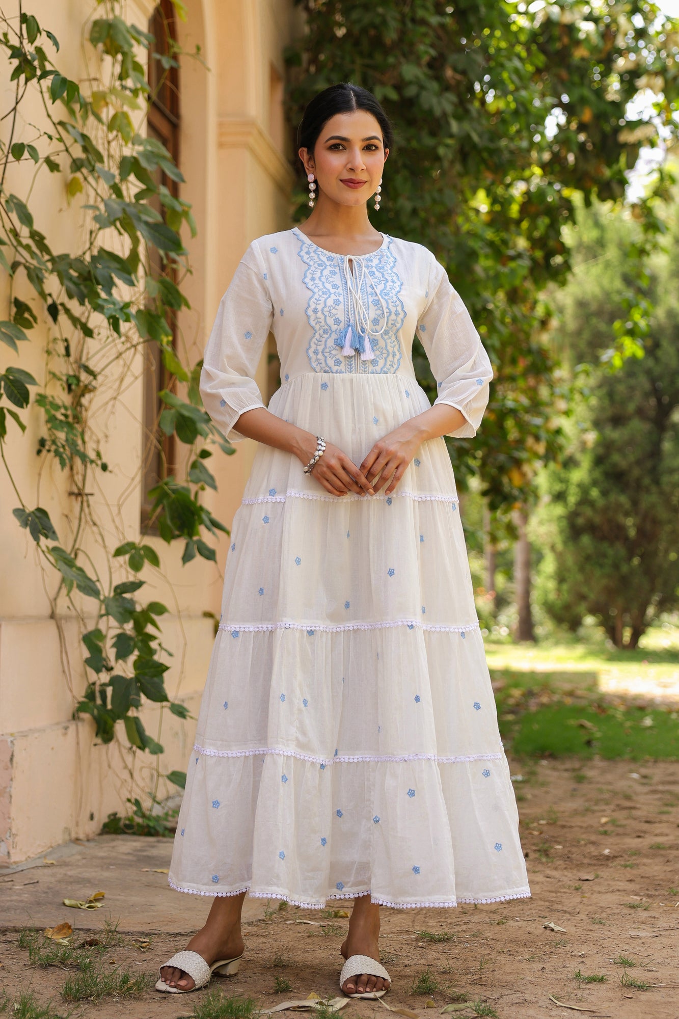 Blue-White Cotton Mulmul Embroidered Tiered Maxi Dress