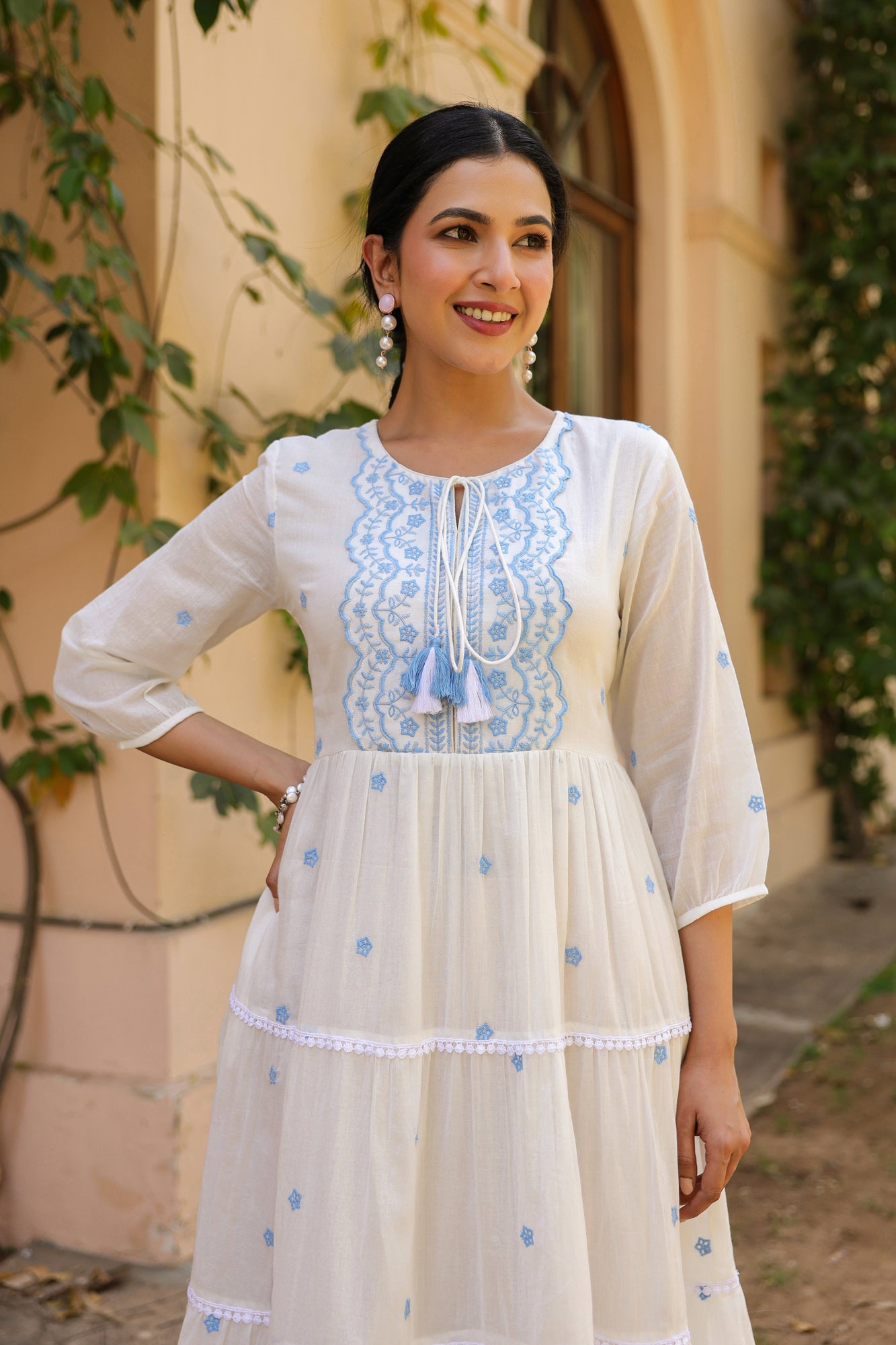 Blue-White Cotton Mulmul Embroidered Tiered Maxi Dress