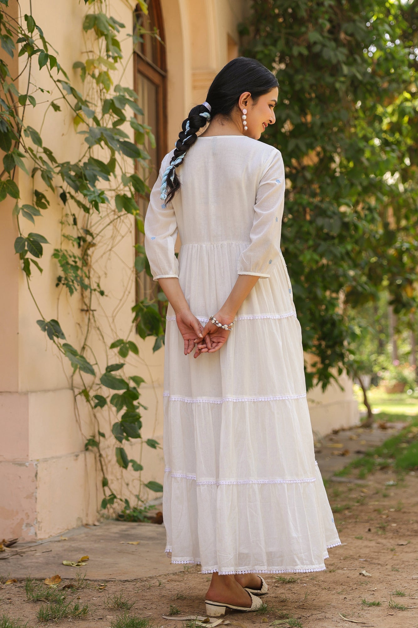 Blue-White Cotton Mulmul Embroidered Tiered Maxi Dress