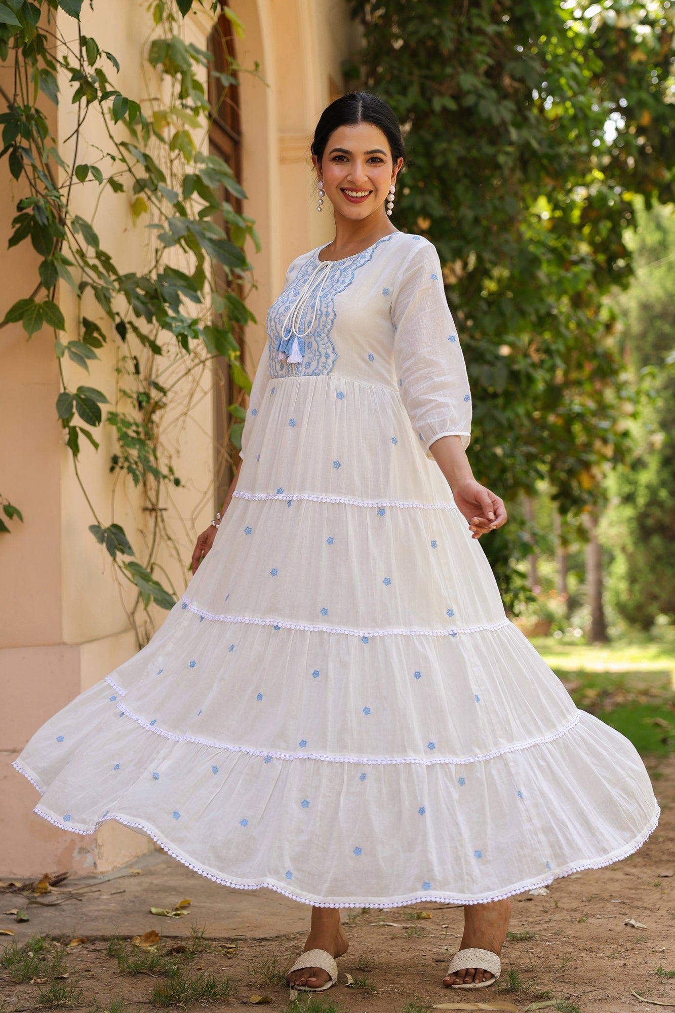 Blue-White Cotton Mulmul Embroidered Tiered Maxi Dress