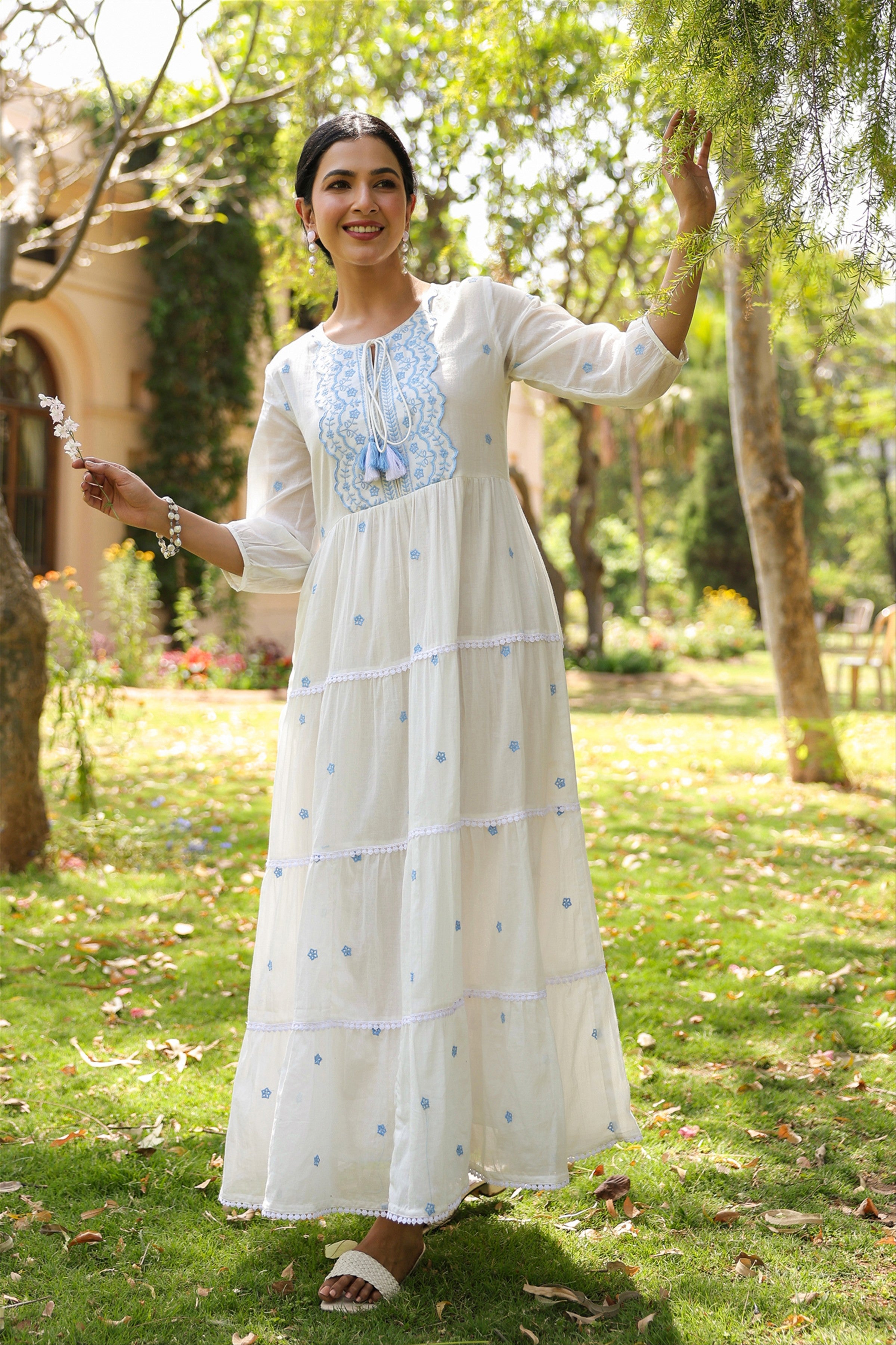 Blue-White Cotton Mulmul Embroidered Tiered Maxi Dress