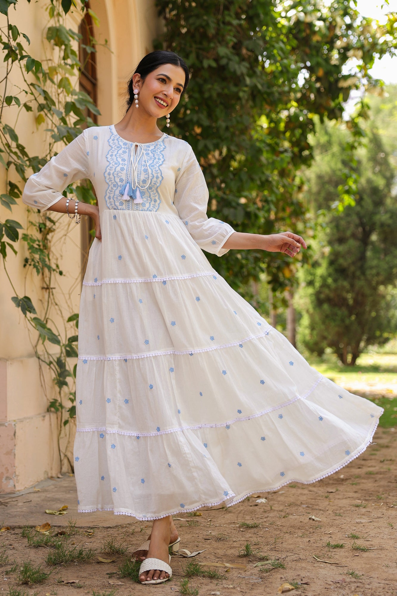 Blue-White Cotton Mulmul Embroidered Tiered Maxi Dress