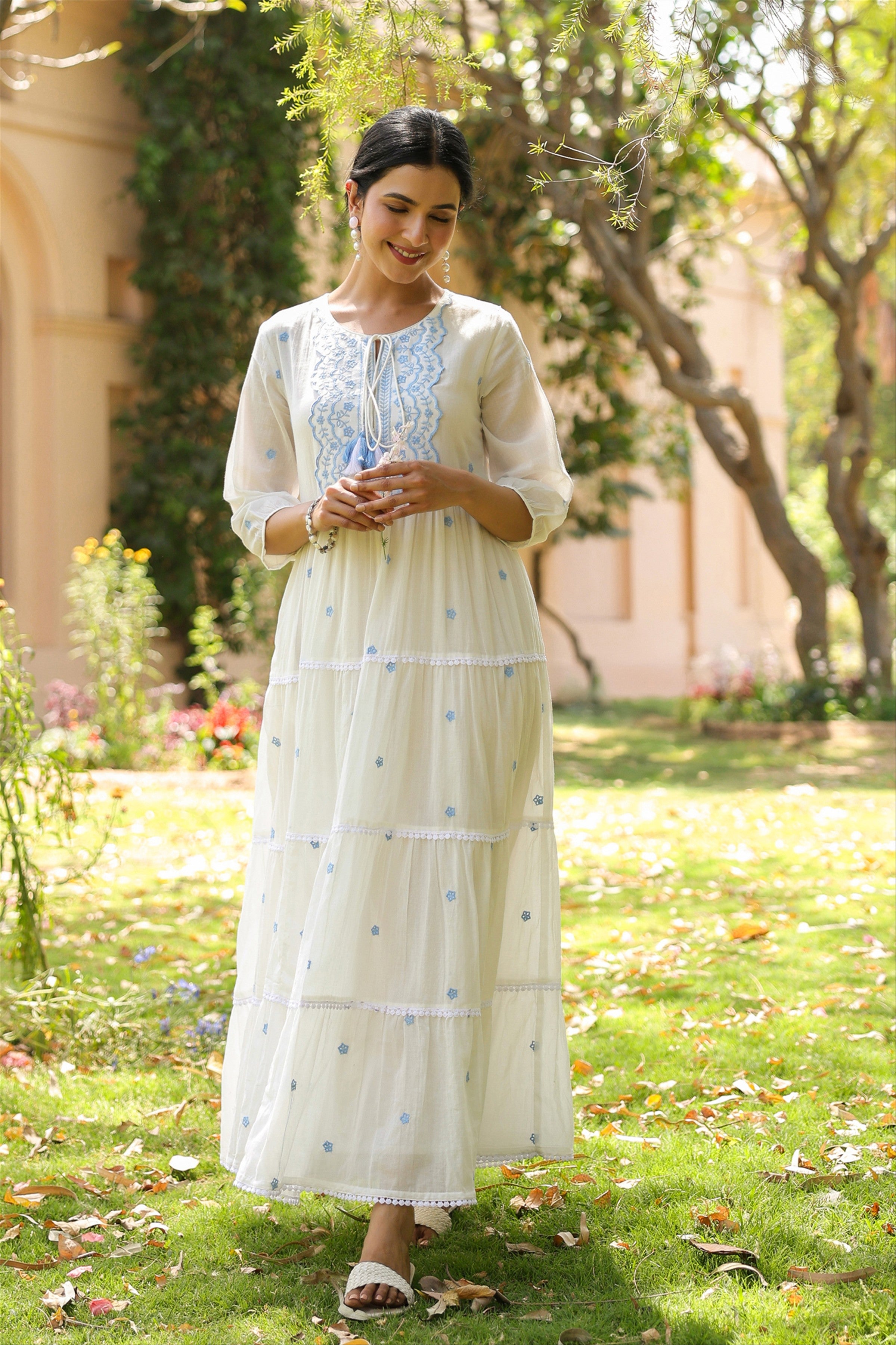 Blue-White Cotton Mulmul Embroidered Tiered Maxi Dress