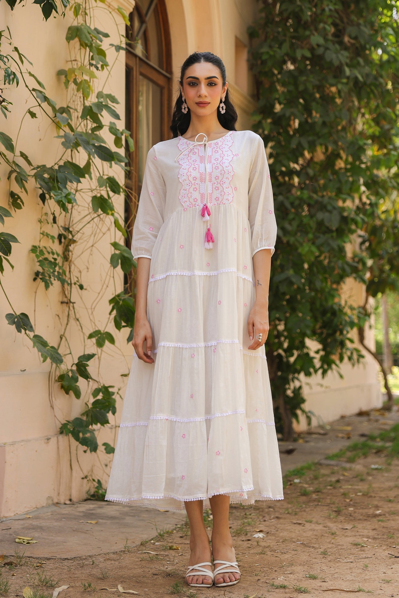 Pink-White Cotton Mulmul Embroidered Tiered Maxi Dress