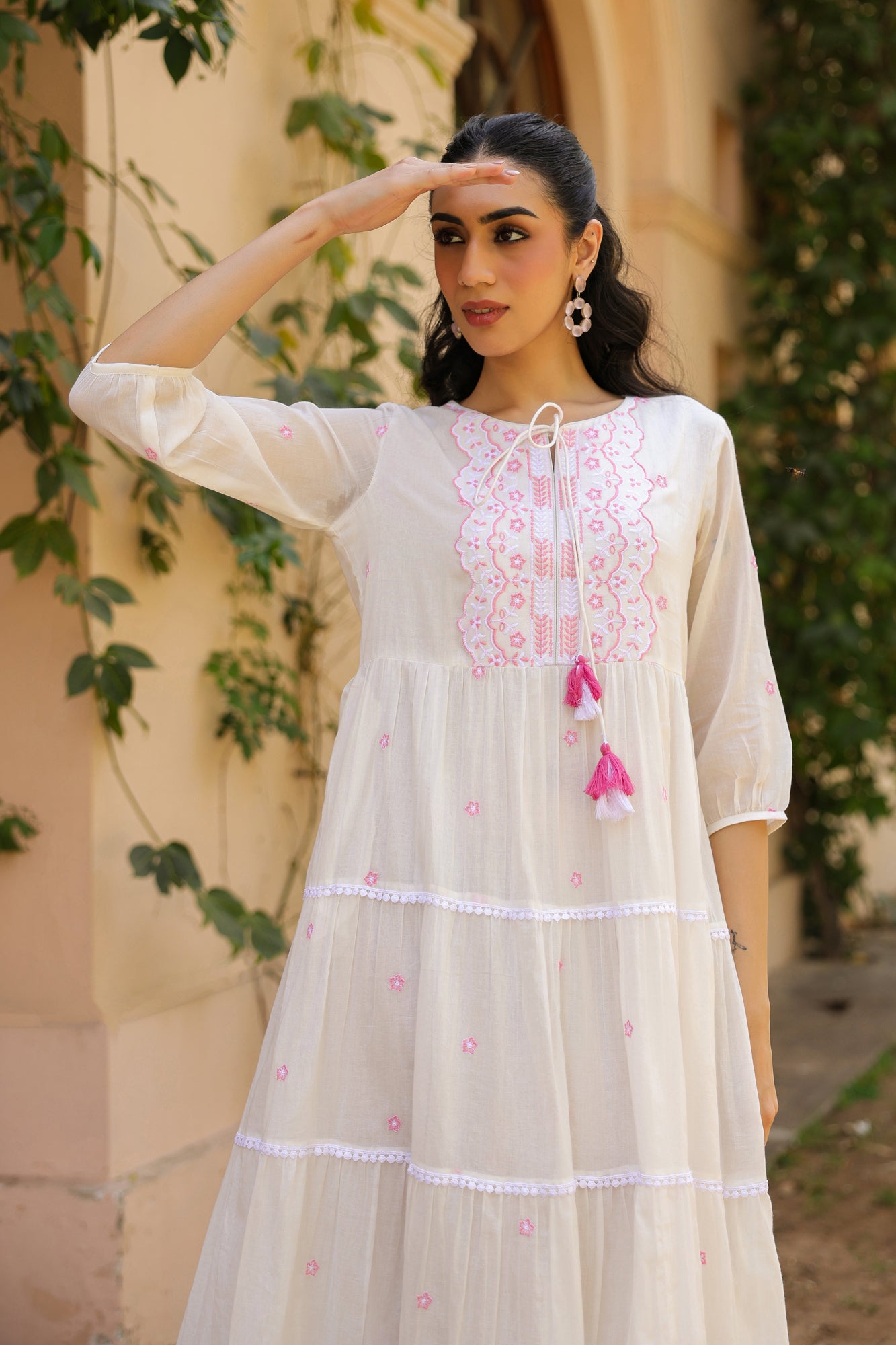 Pink-White Cotton Mulmul Embroidered Tiered Maxi Dress