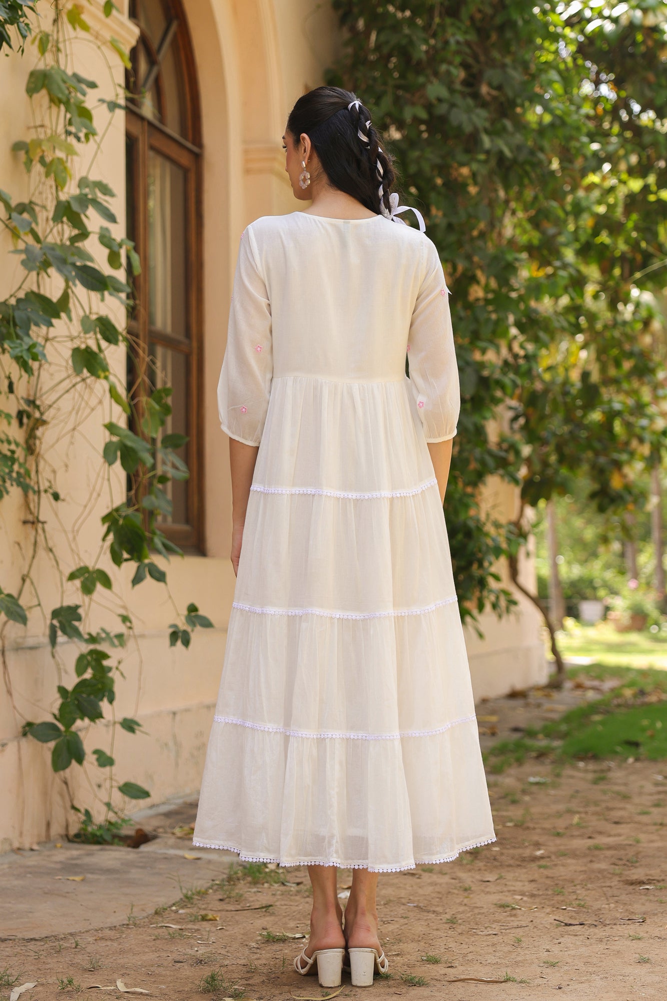 Pink-White Cotton Mulmul Embroidered Tiered Maxi Dress