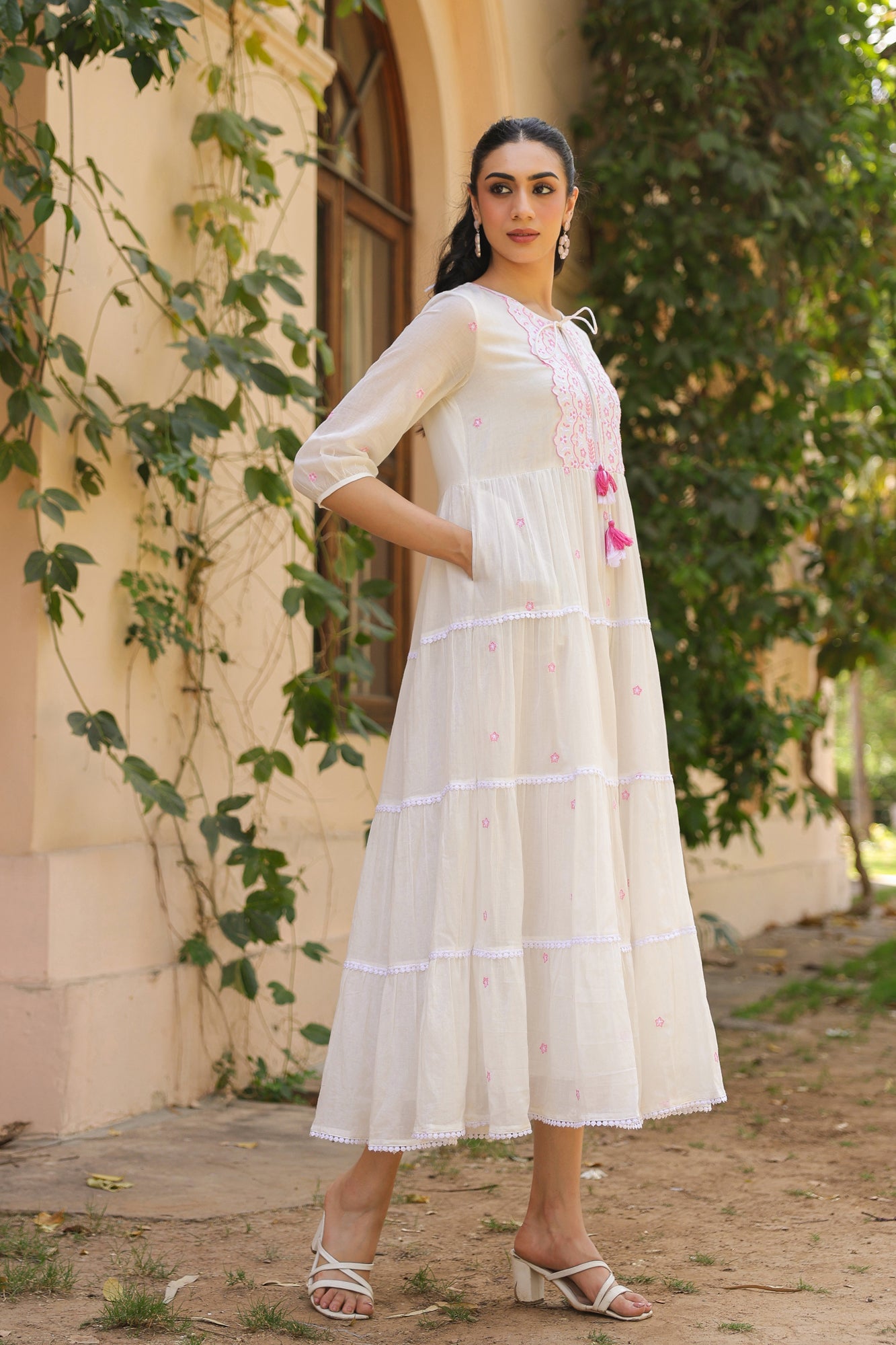 Pink-White Cotton Mulmul Embroidered Tiered Maxi Dress