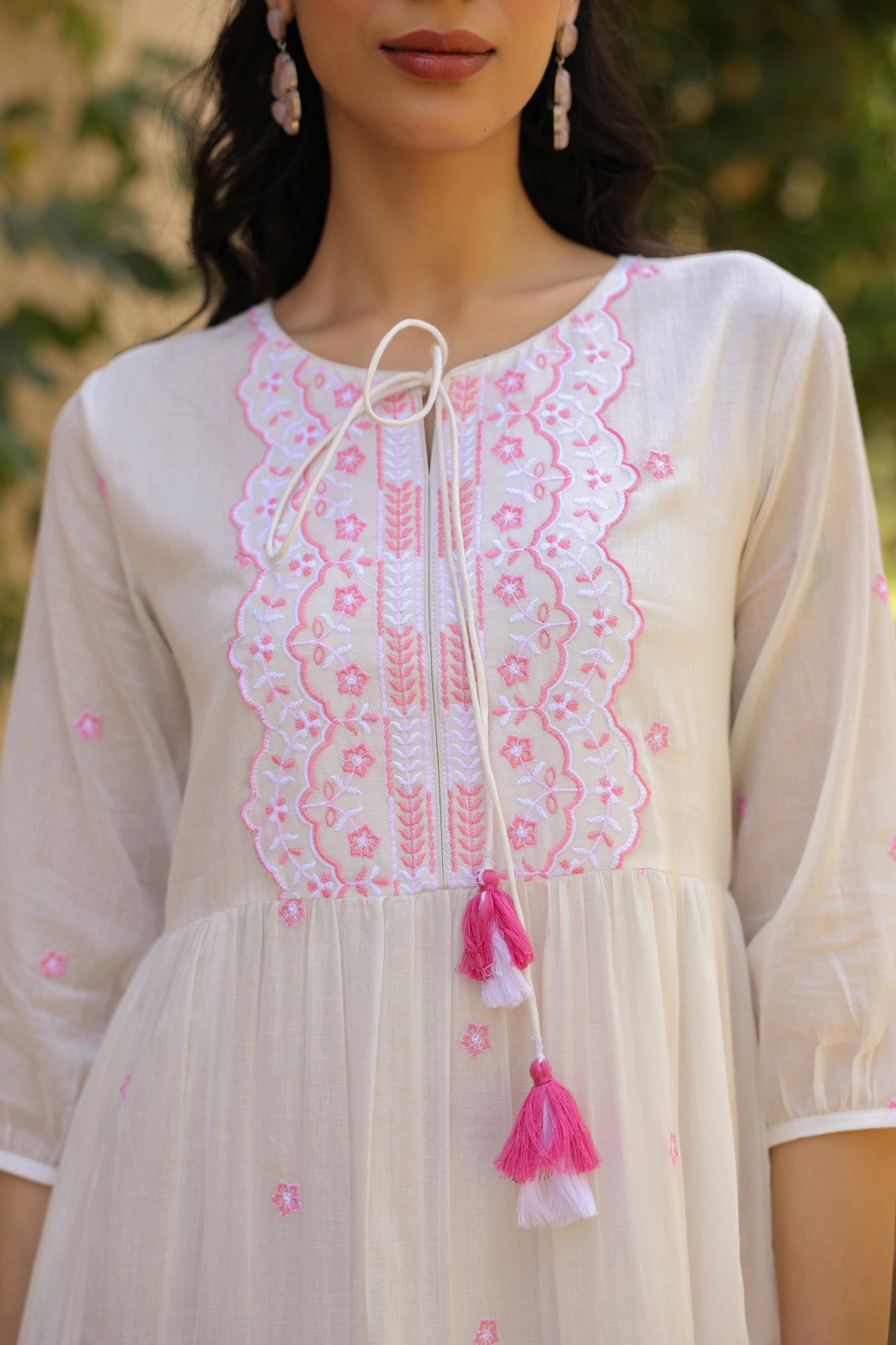 Pink-White Cotton Mulmul Embroidered Tiered Maxi Dress