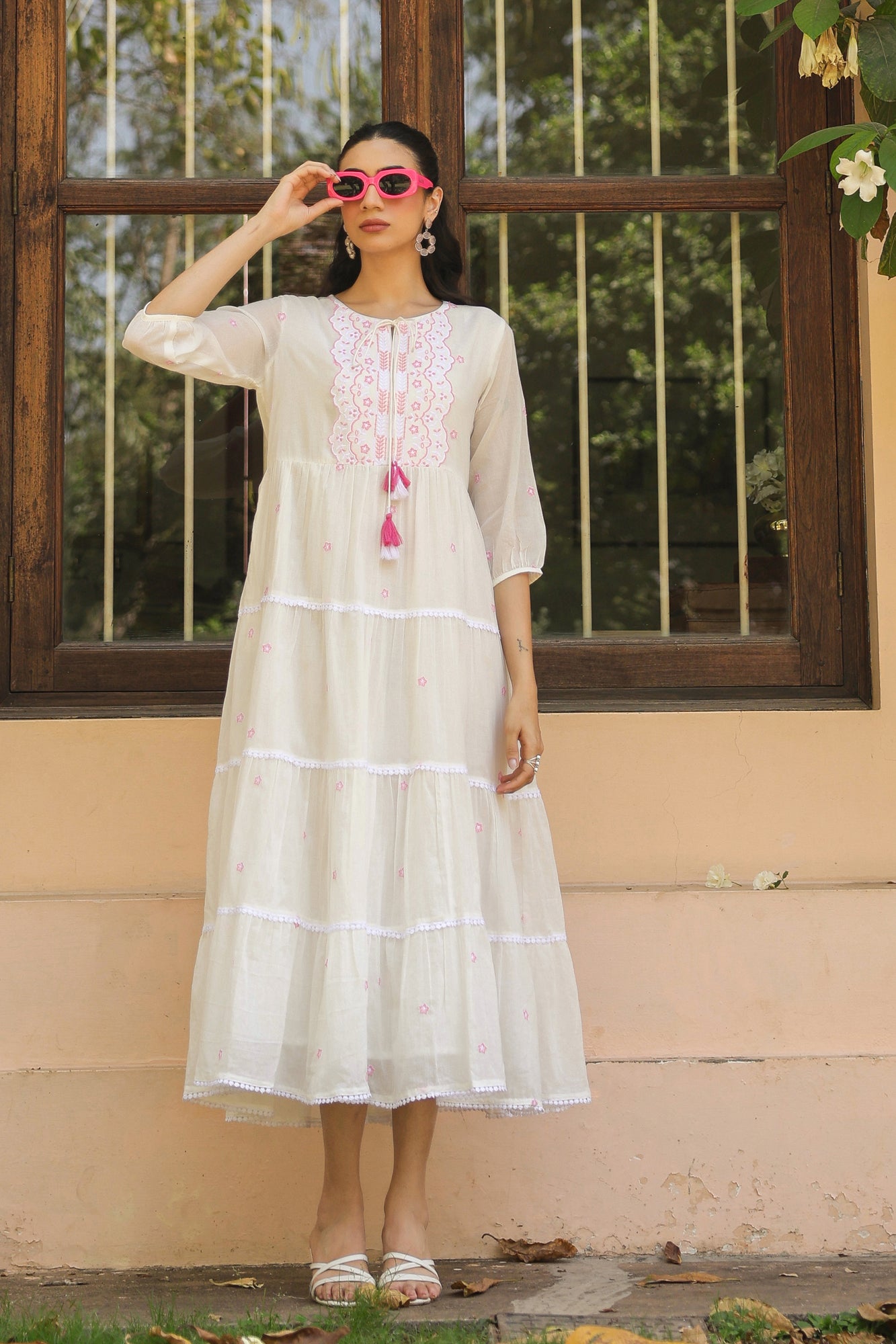 Pink-White Cotton Mulmul Embroidered Tiered Maxi Dress