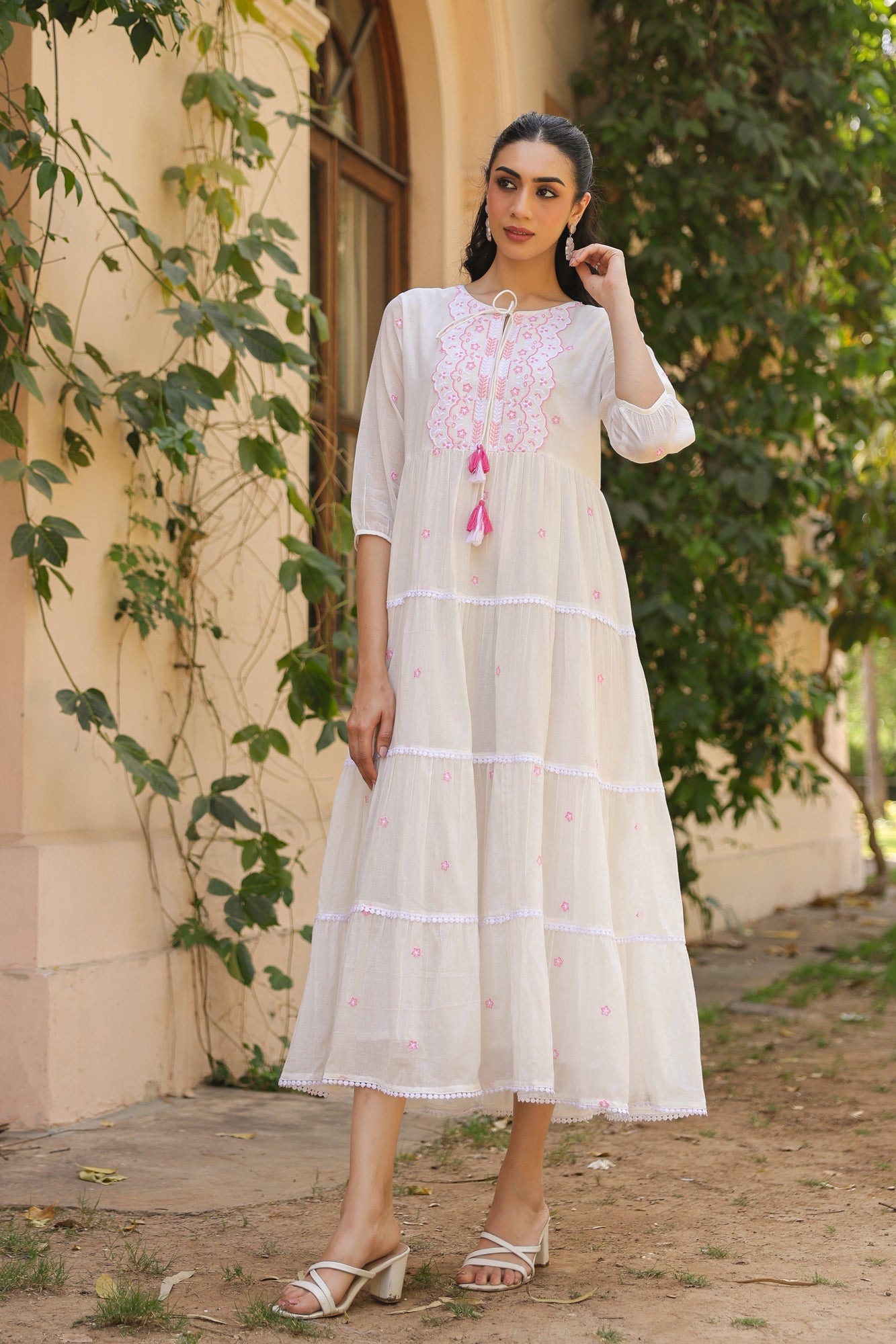 Pink-White Cotton Mulmul Embroidered Tiered Maxi Dress