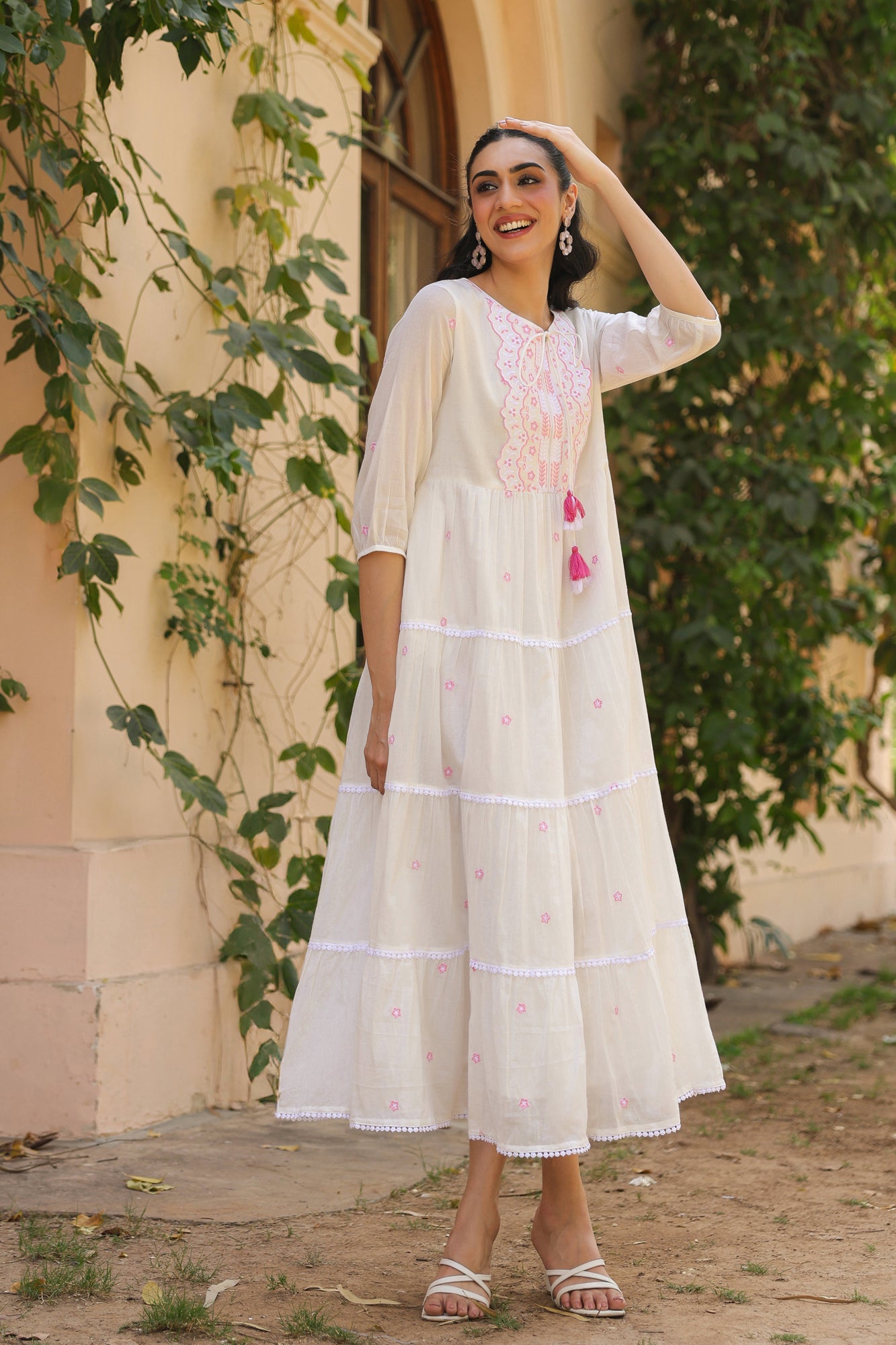 Pink-White Cotton Mulmul Embroidered Tiered Maxi Dress