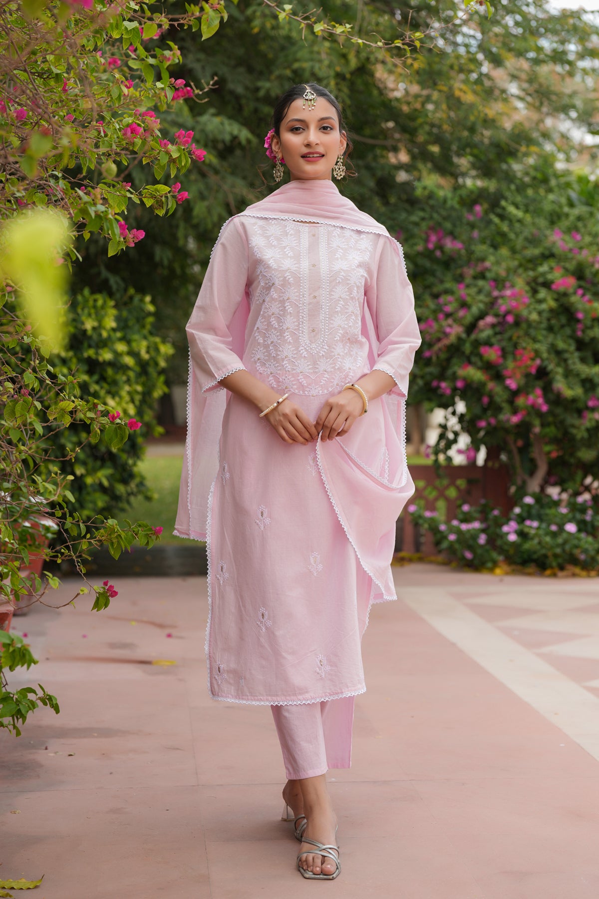 Pink Cotton Cambric Chikankari Embroidered Straight Suit Set