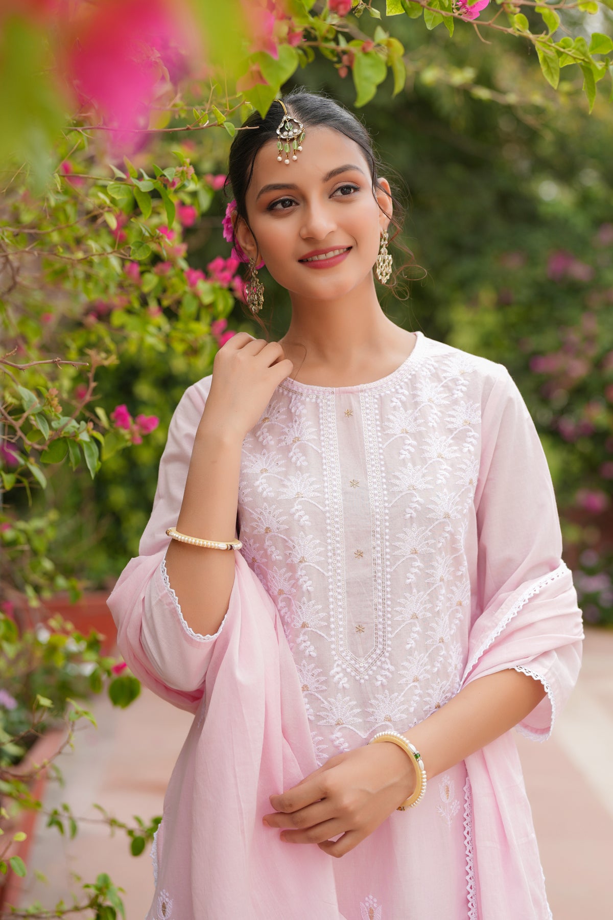 Pink Cotton Cambric Chikankari Embroidered Straight Suit Set